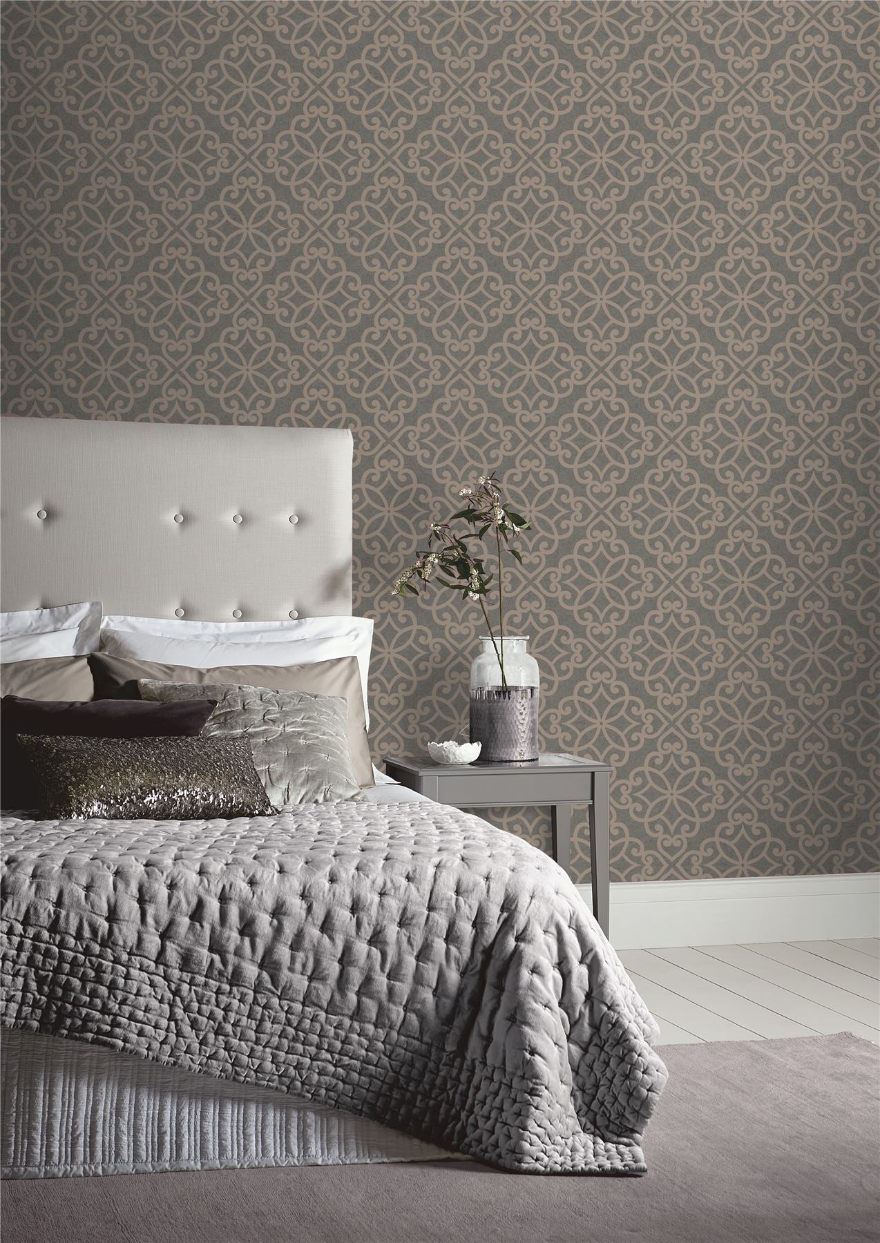 Ornate Motif Charcoal/Rose Gold Wallpaper sw12