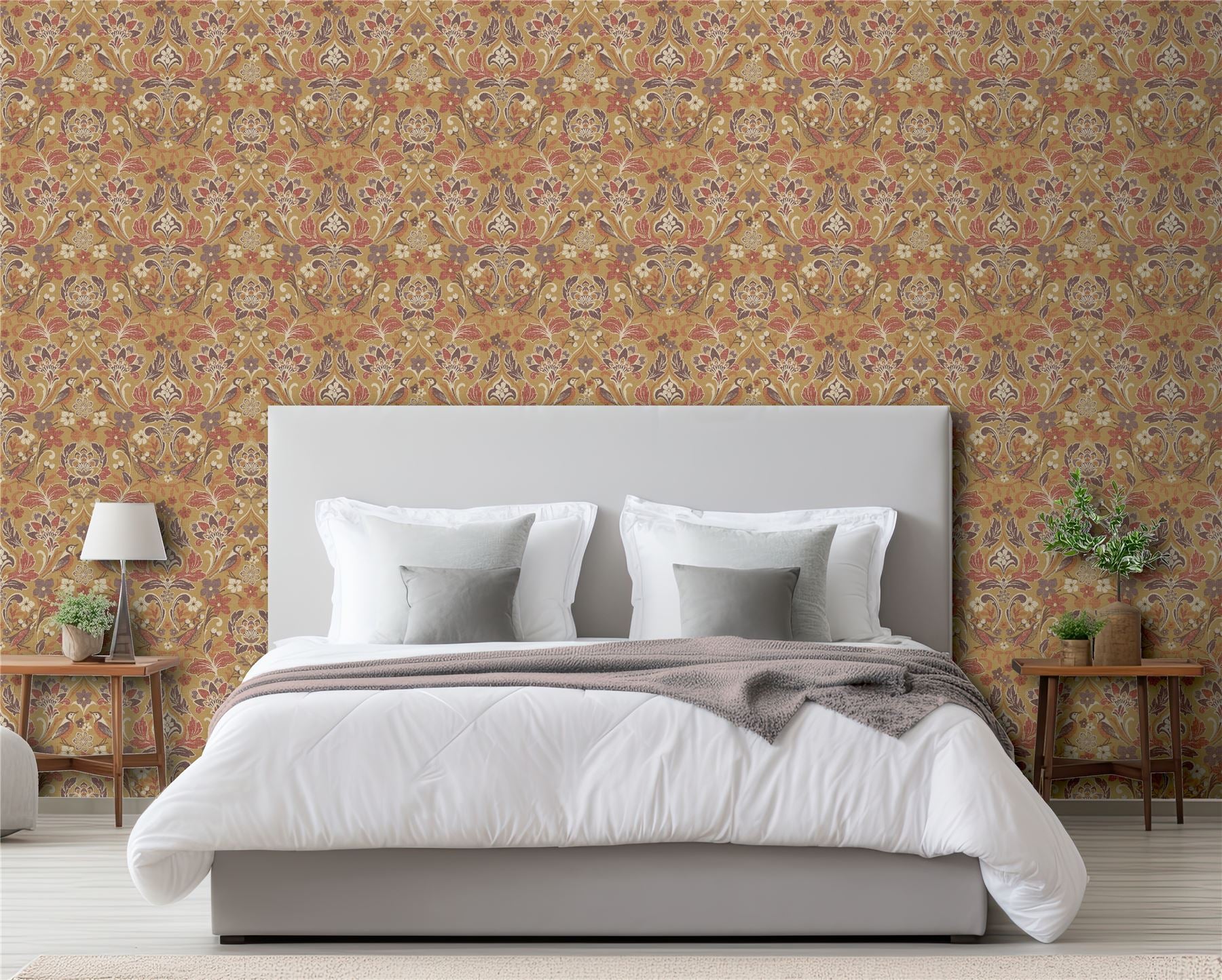 Folk Floral Ochre Wallpaper