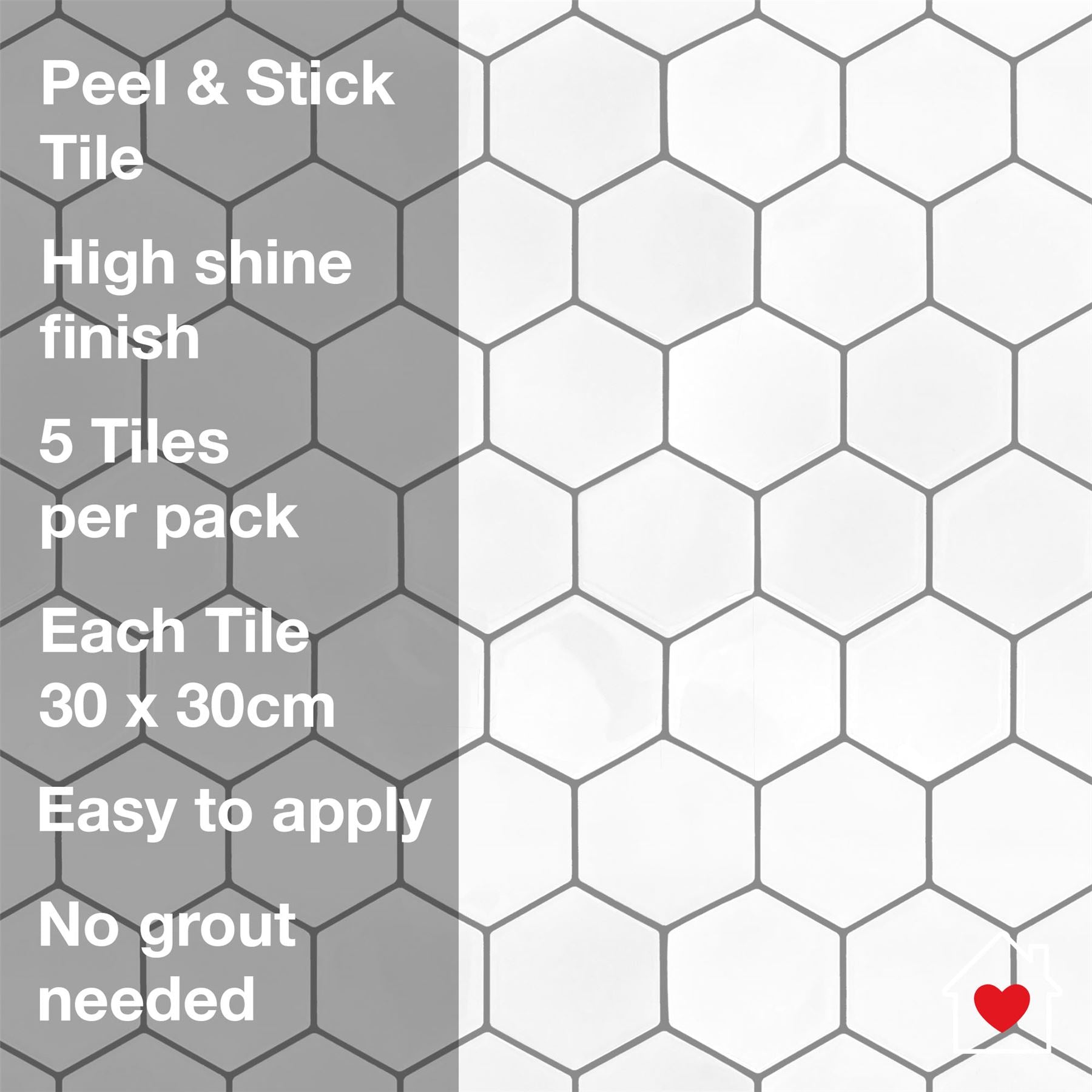 Wall Tile Hexagon 30.5x30.5cm White (5 Tiles Per Pack) - sw30