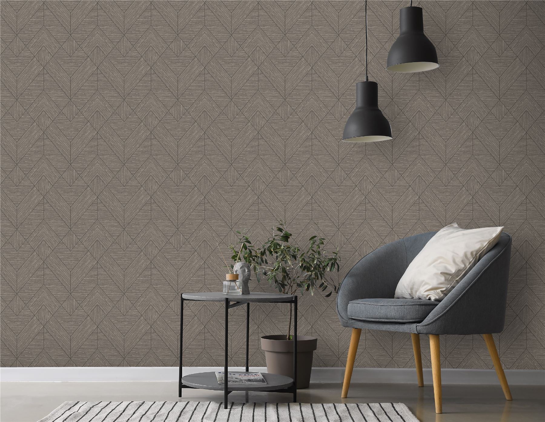 Wood Grain Geo Charcoal / Gold Wallpaper