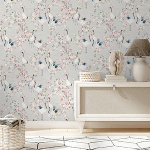 Blossom Crane Natural/Pink Wallpaper