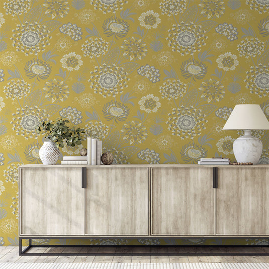 Vintage Bloom Mustard Yellow Wallpaper