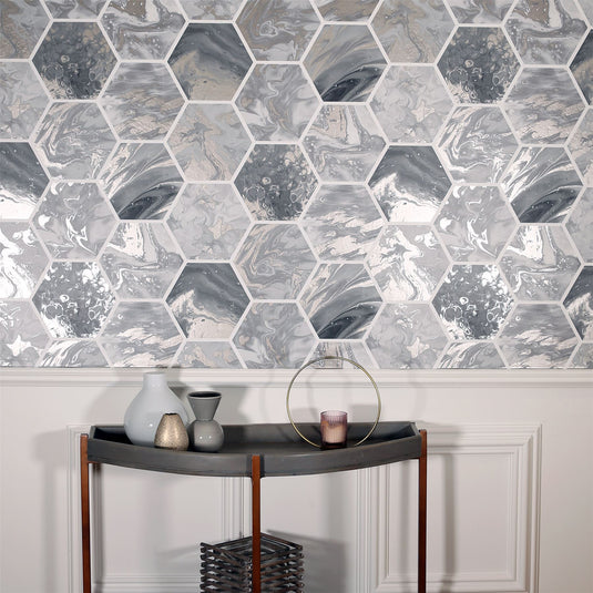 Marbled Hex Charcoal/Rose Gold Wallpaper sw12