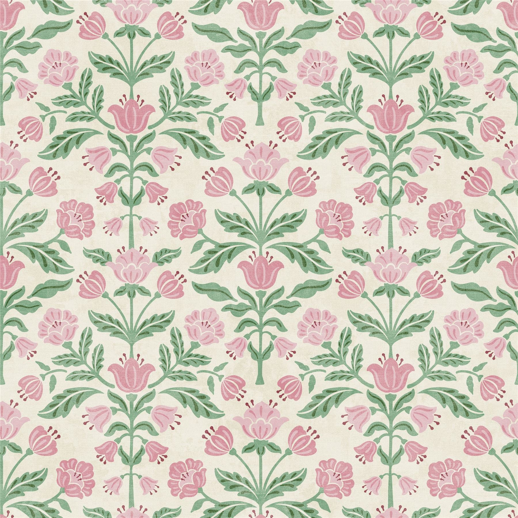 Modern Floral Damask Green / Pink Wallpaper