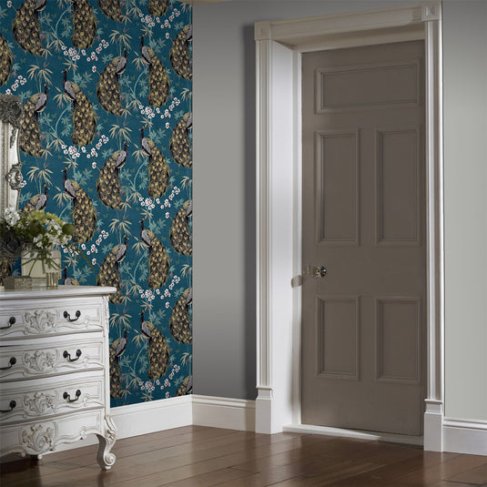 Opulent Peacock Teal & Gold Wallpaper sw12