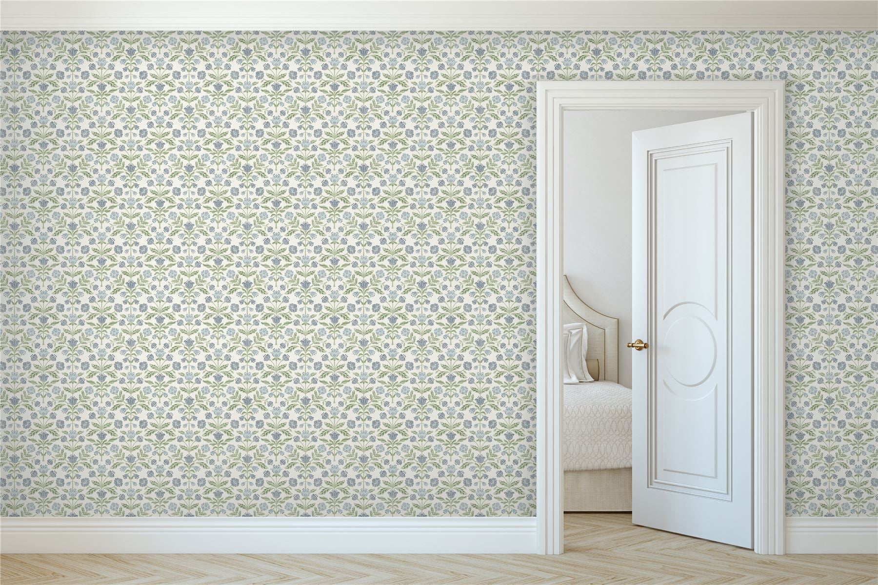 Modern Floral Damask Blue / Green Wallpaper