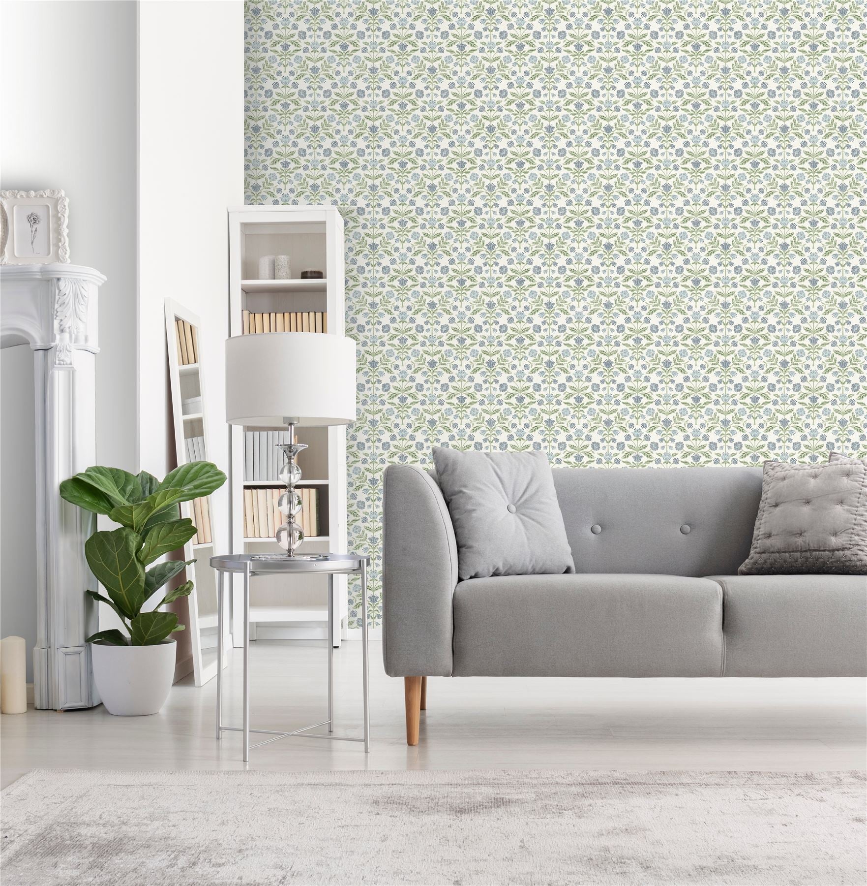 Modern Floral Damask Blue / Green Wallpaper