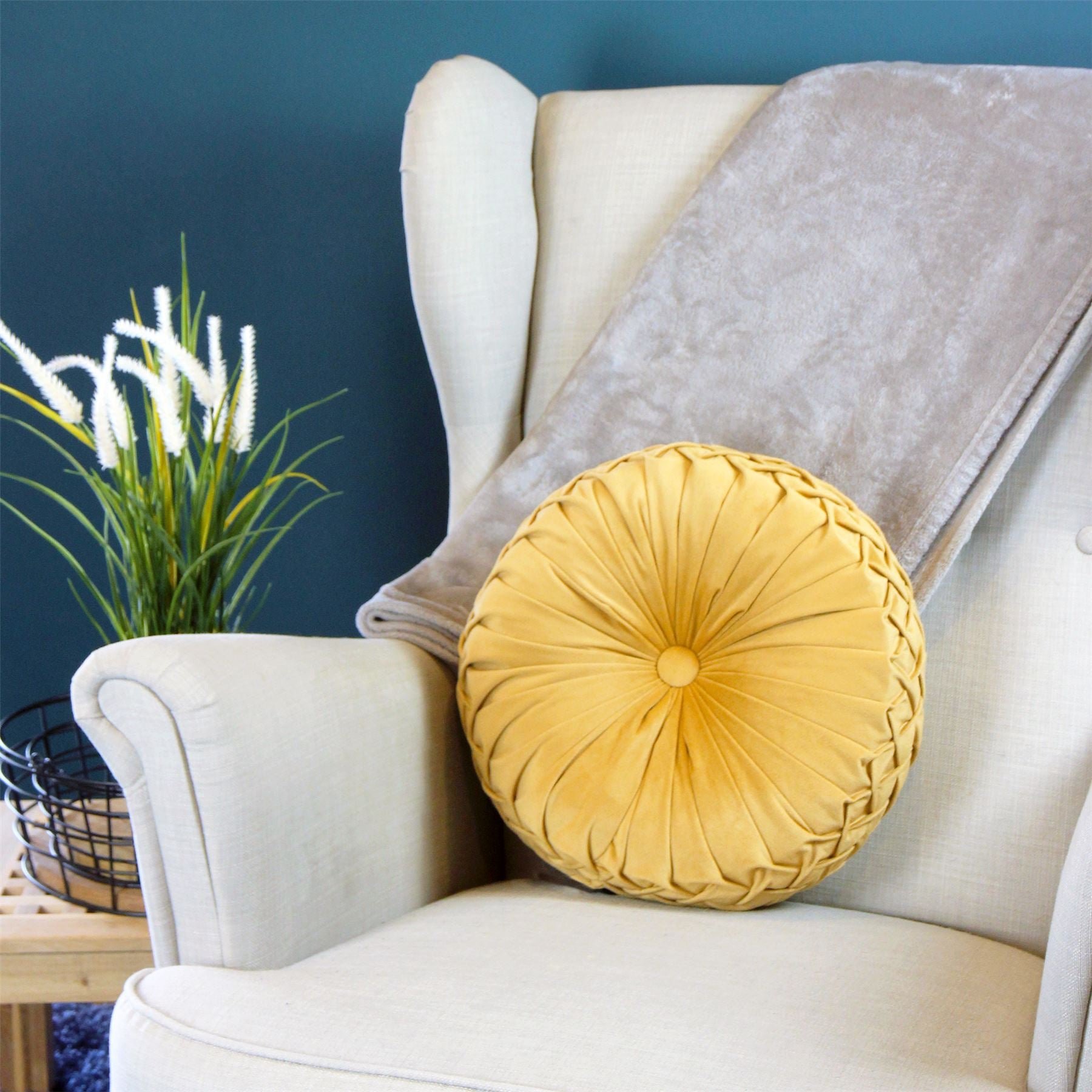 Lake Round Button Velvet Ochre Cushion 35cm