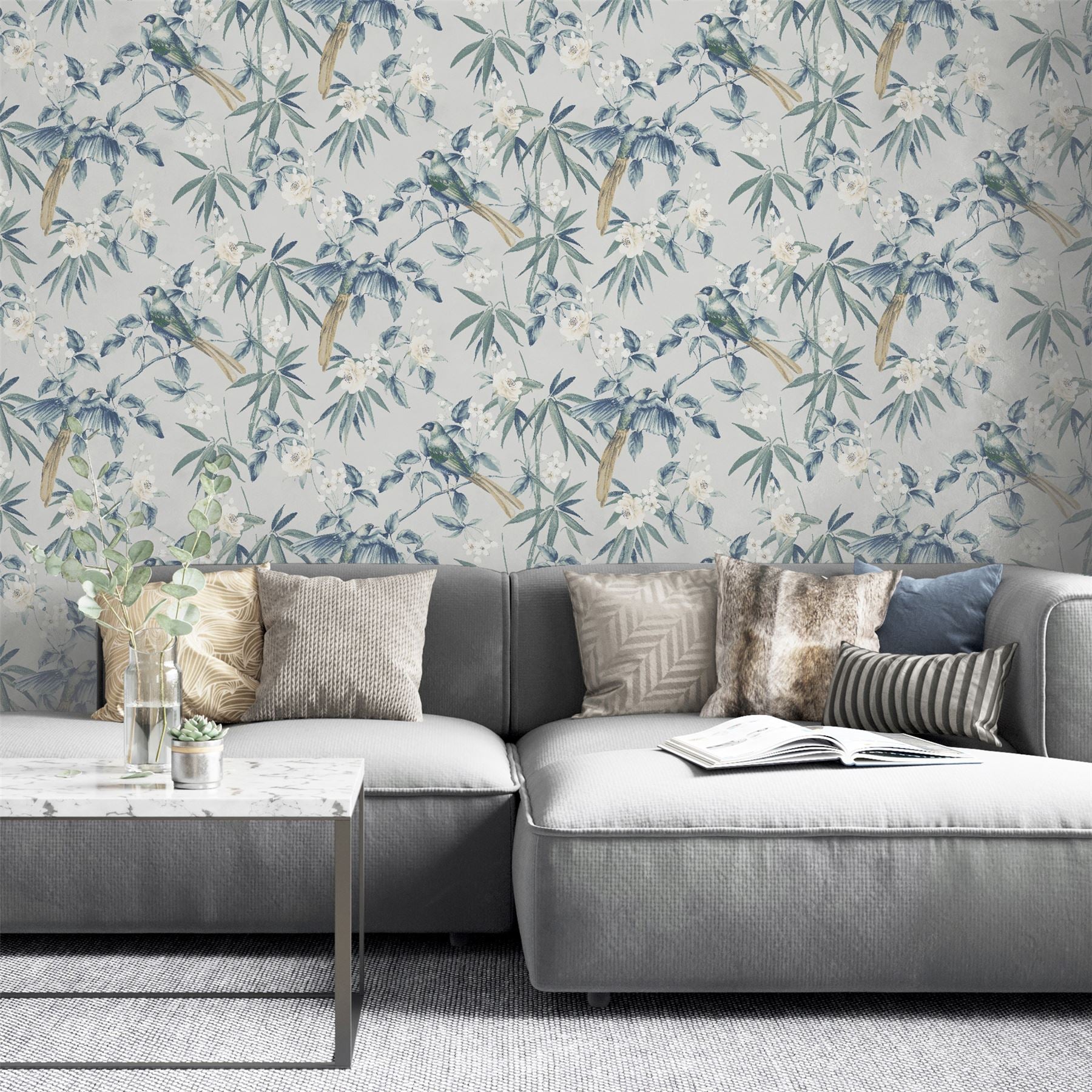 Oriental Floral Birds Grey/Blue sw12