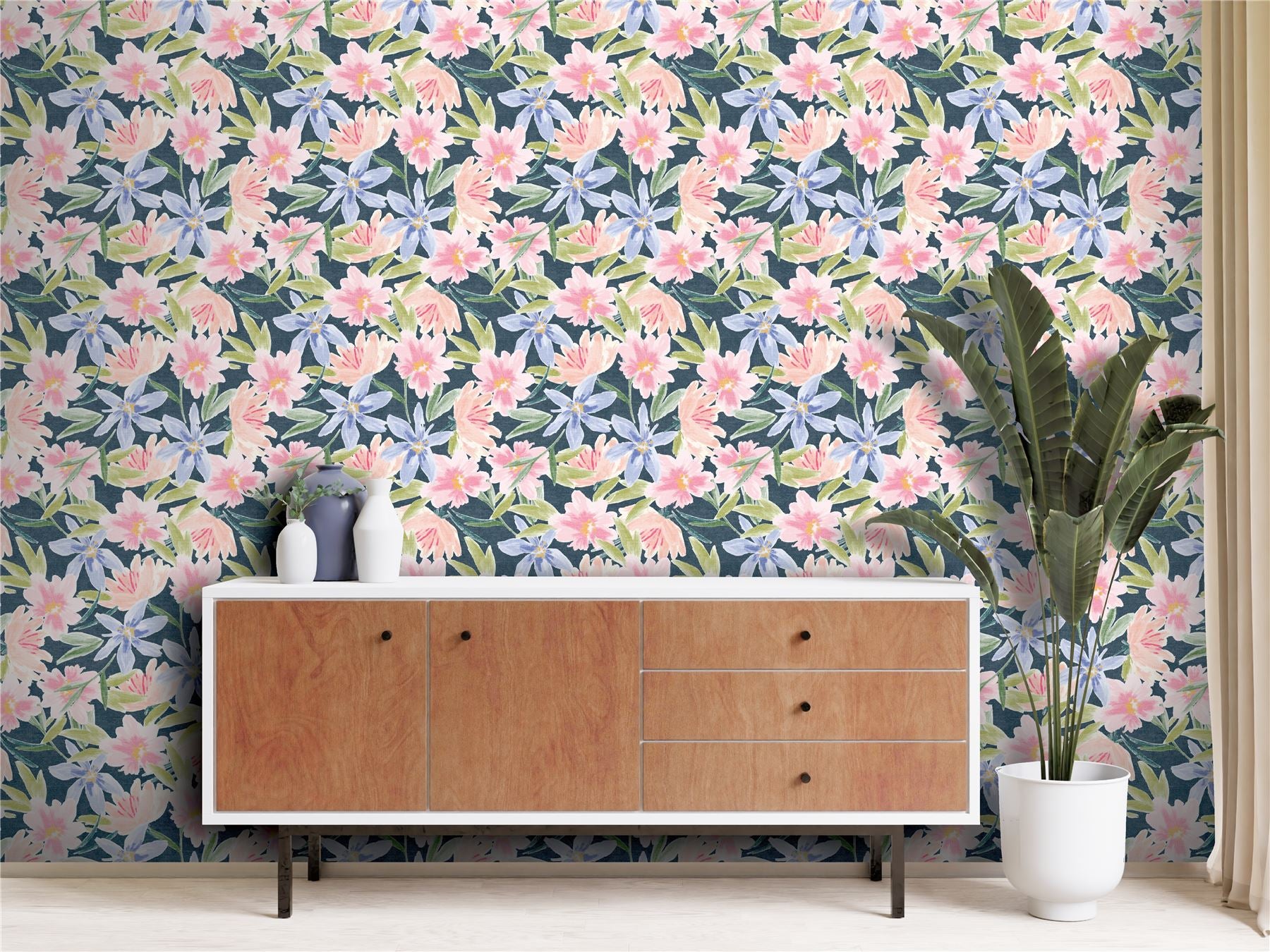 Watercolour Floral Navy Wallpaper