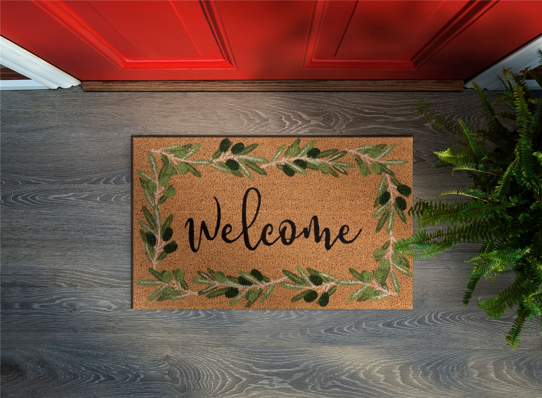 Astley Branch/Welcome Coir 45x75cm Olive Doormat
