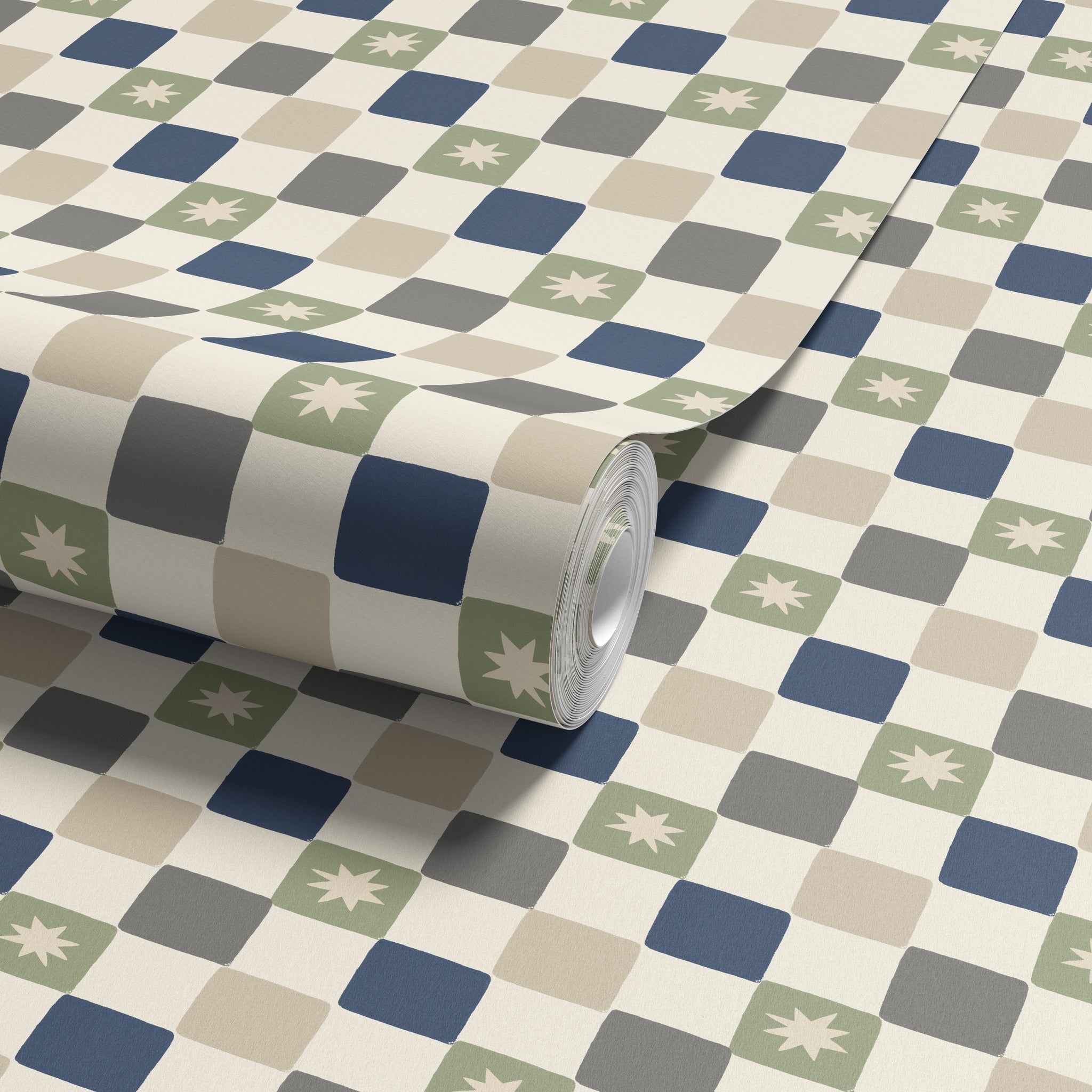 Chequer Star Sage Green & Navy Blue Wallpaper