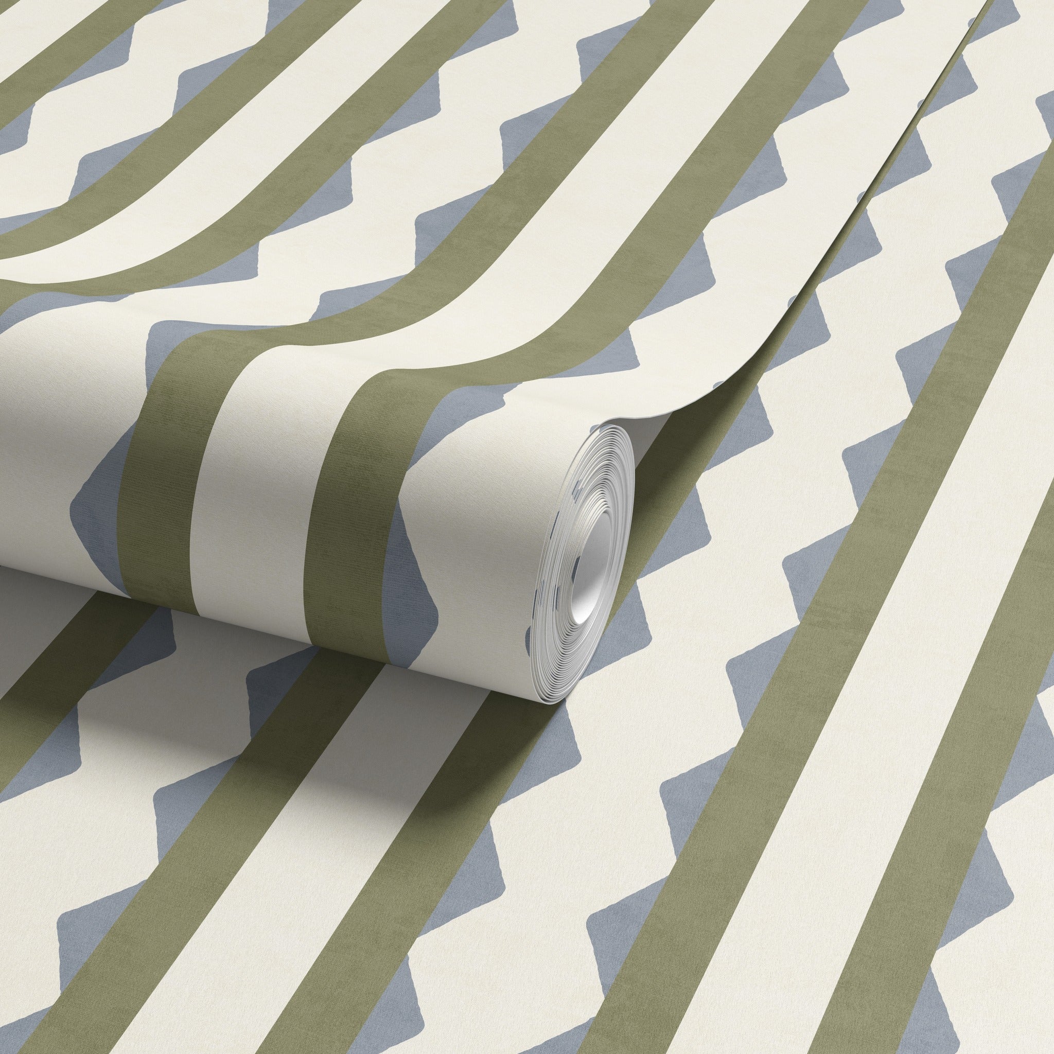 Inca Stripe Olive Green & Blue Wallpaper