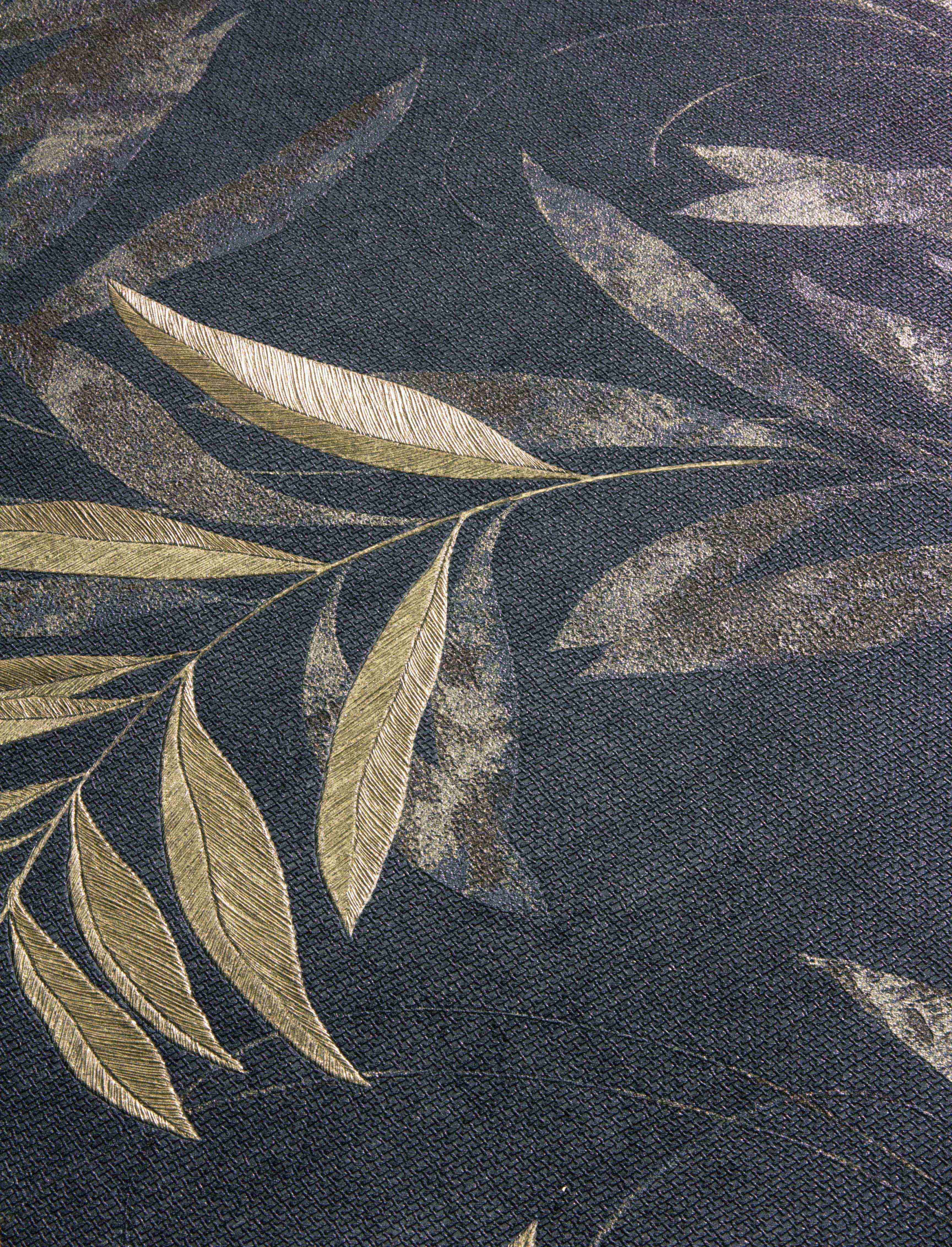 Luxury Leaf Navy Champagne Wallpaper