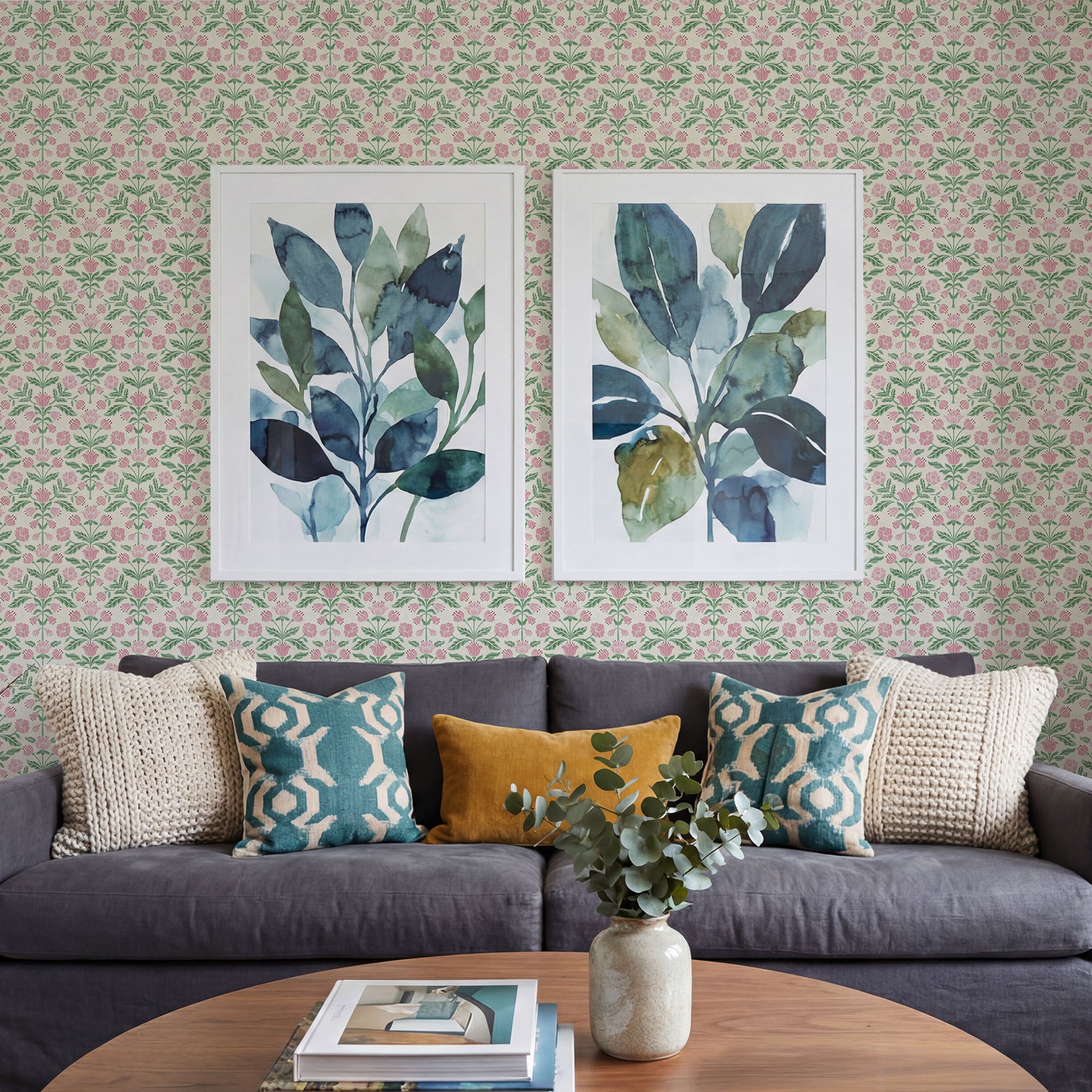 Modern Floral Damask Green / Pink Wallpaper