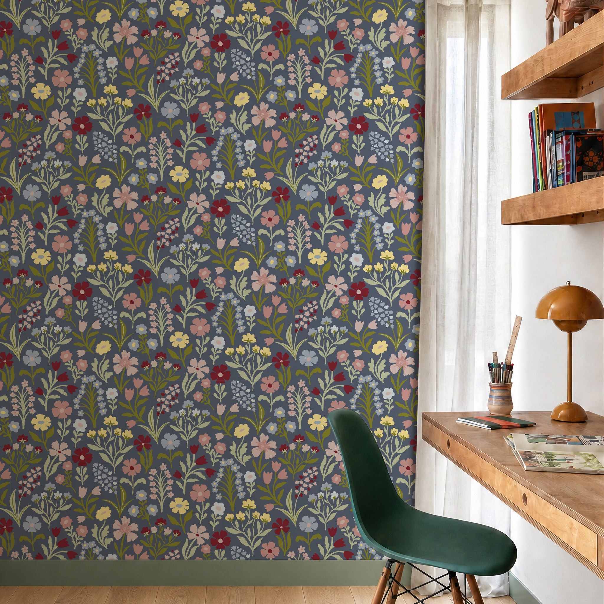 Pretty Meadow Blue & Green Wallpaper