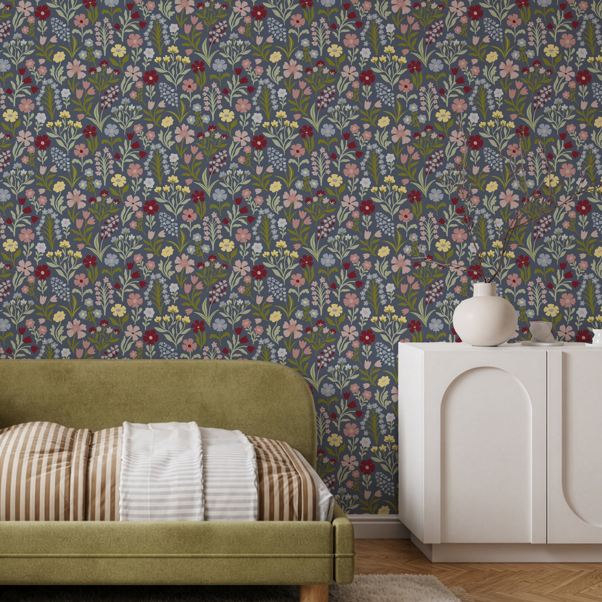 Pretty Meadow Blue & Green Wallpaper