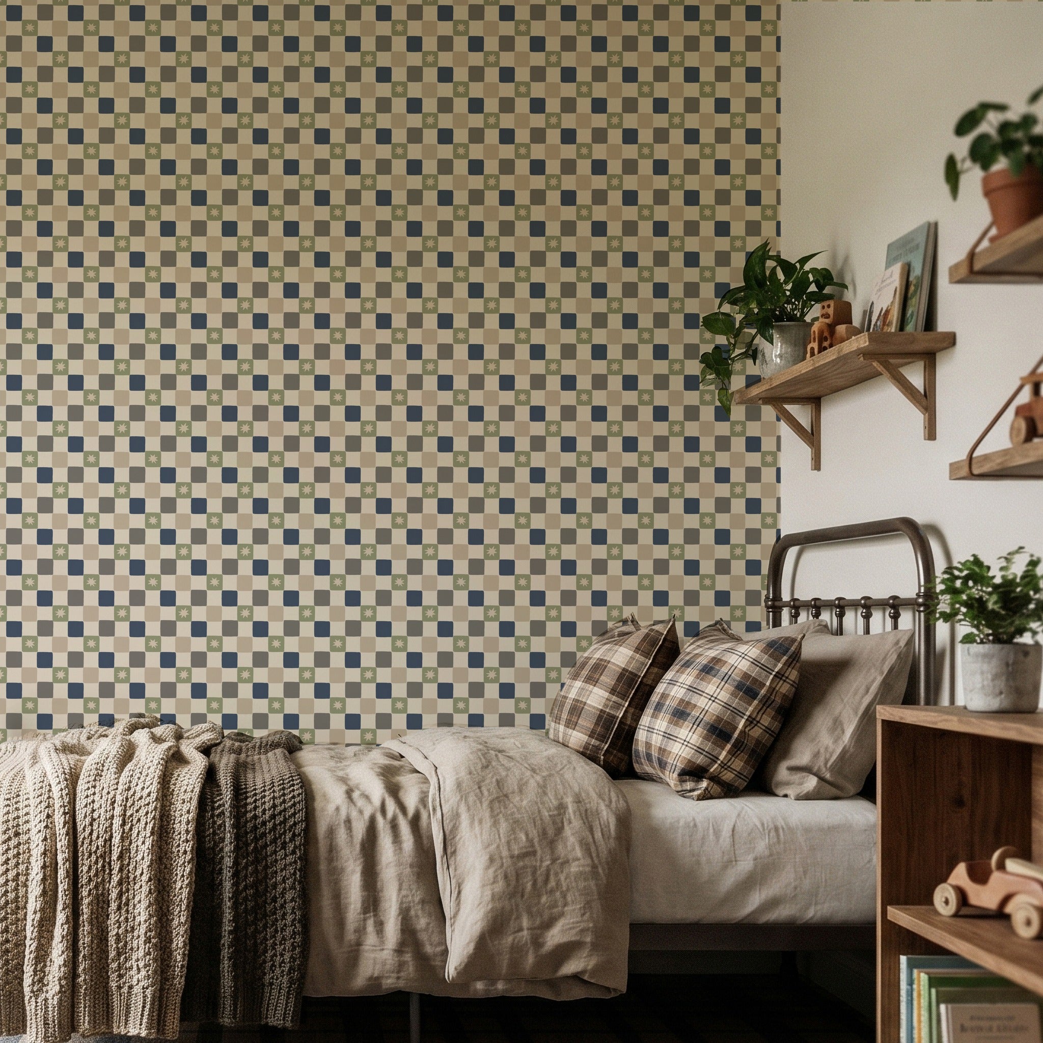 Chequer Star Sage Green & Navy Blue Wallpaper
