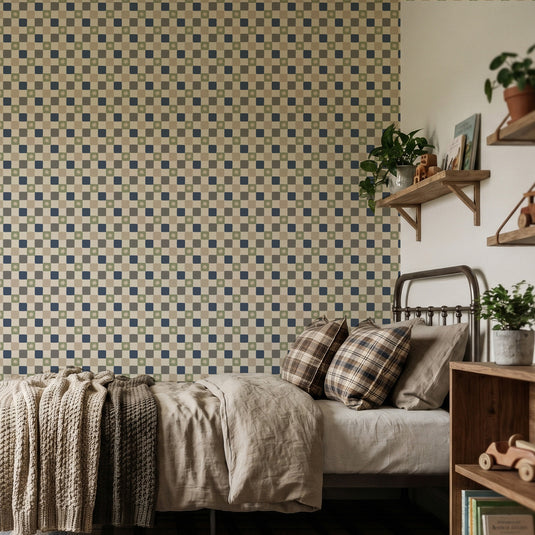 Chequer Star Sage Green & Navy Blue Wallpaper