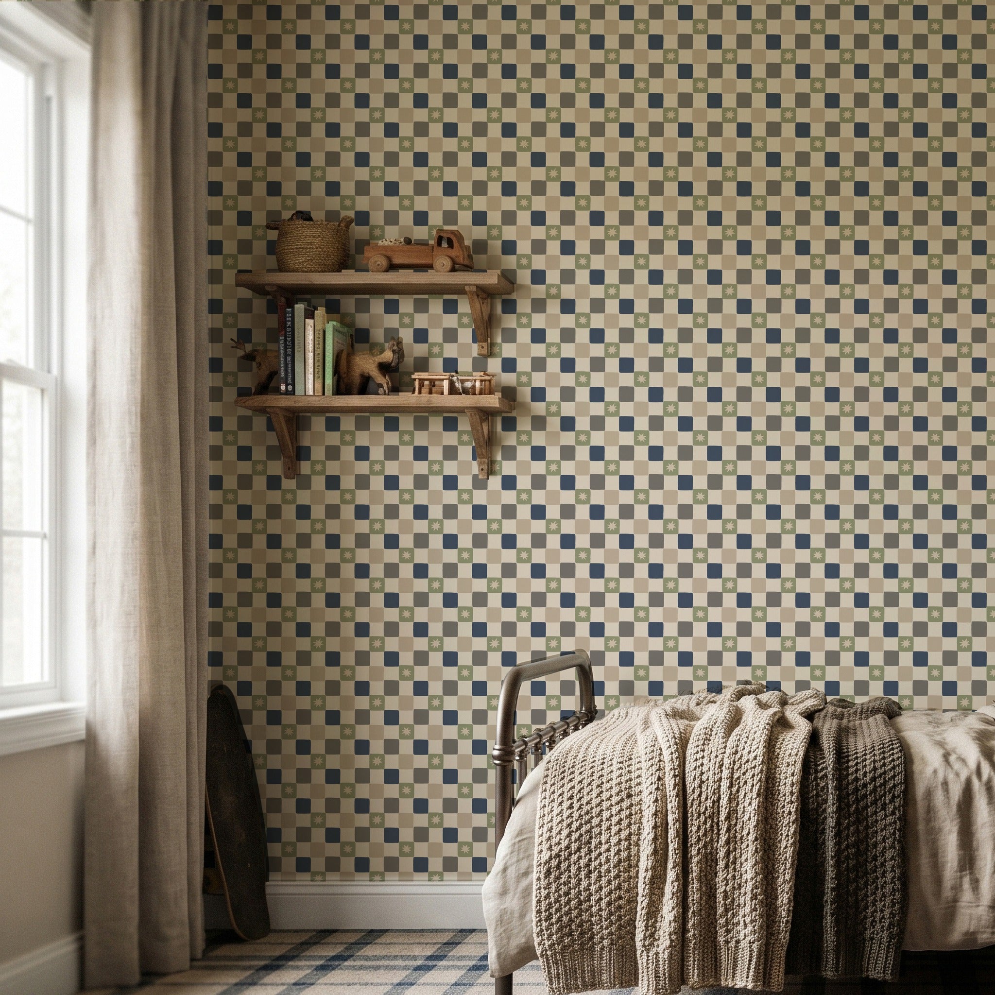 Chequer Star Sage Green & Navy Blue Wallpaper