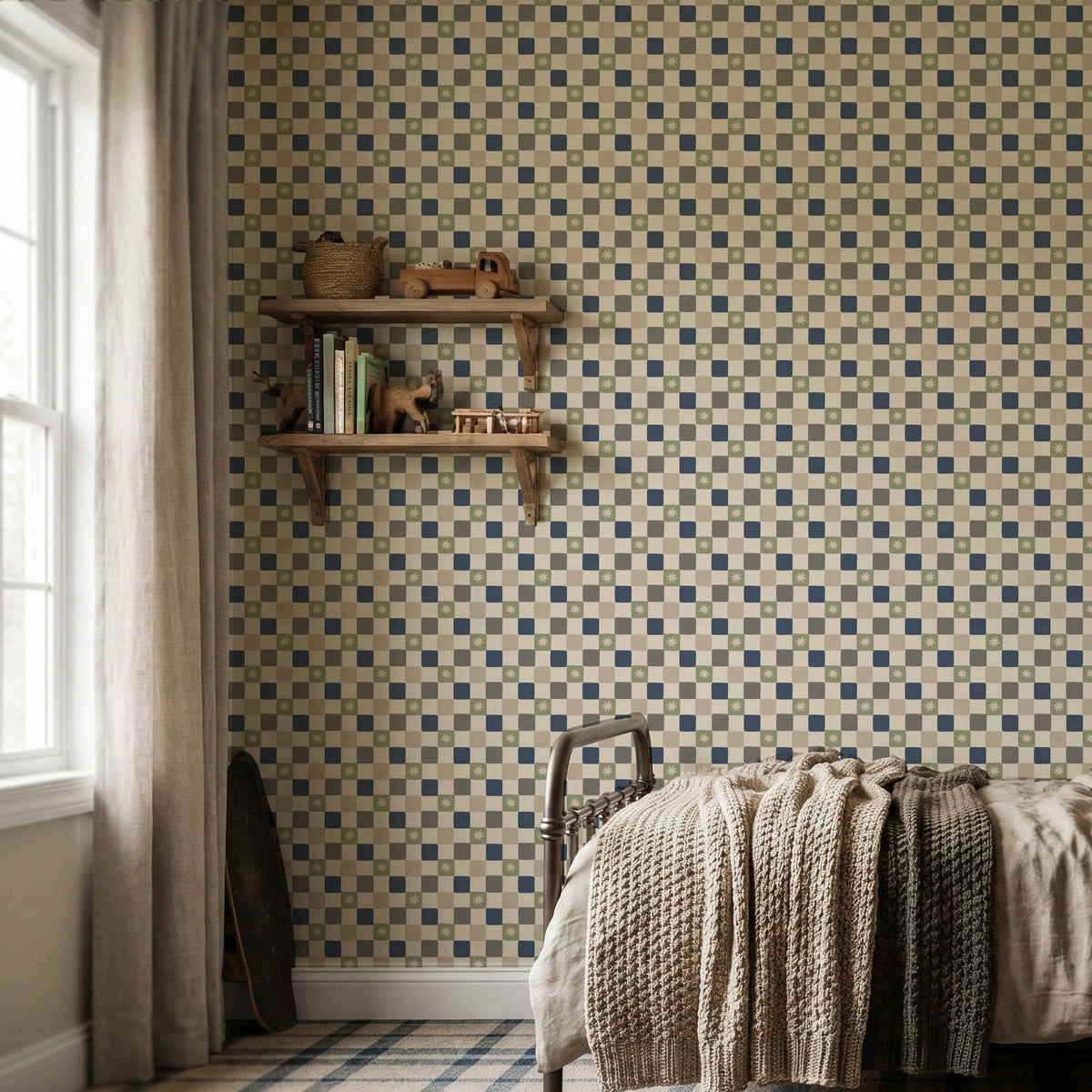 Chequer Star Sage Green & Navy Blue Wallpaper