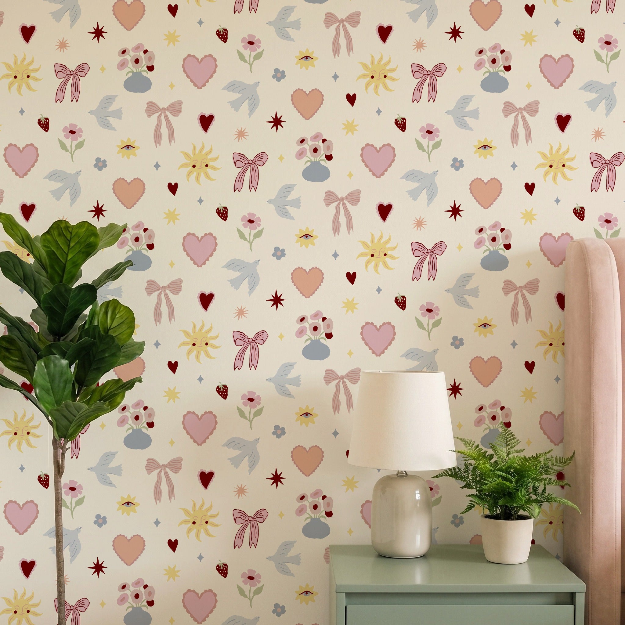 Hearts & Ribbons Multi Walpaper