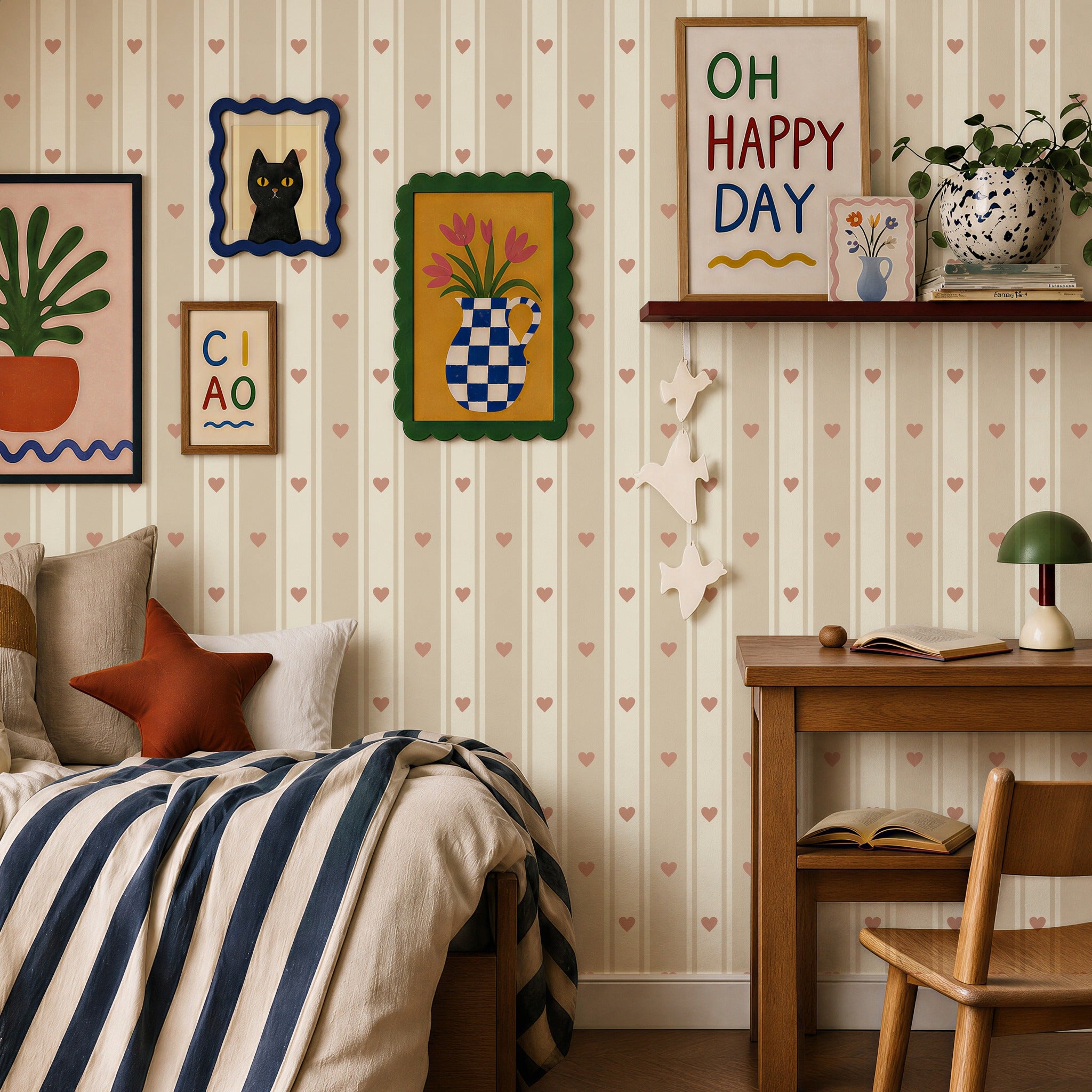 Sweetheart Stripe Beige & Blush Pink Wallpaper