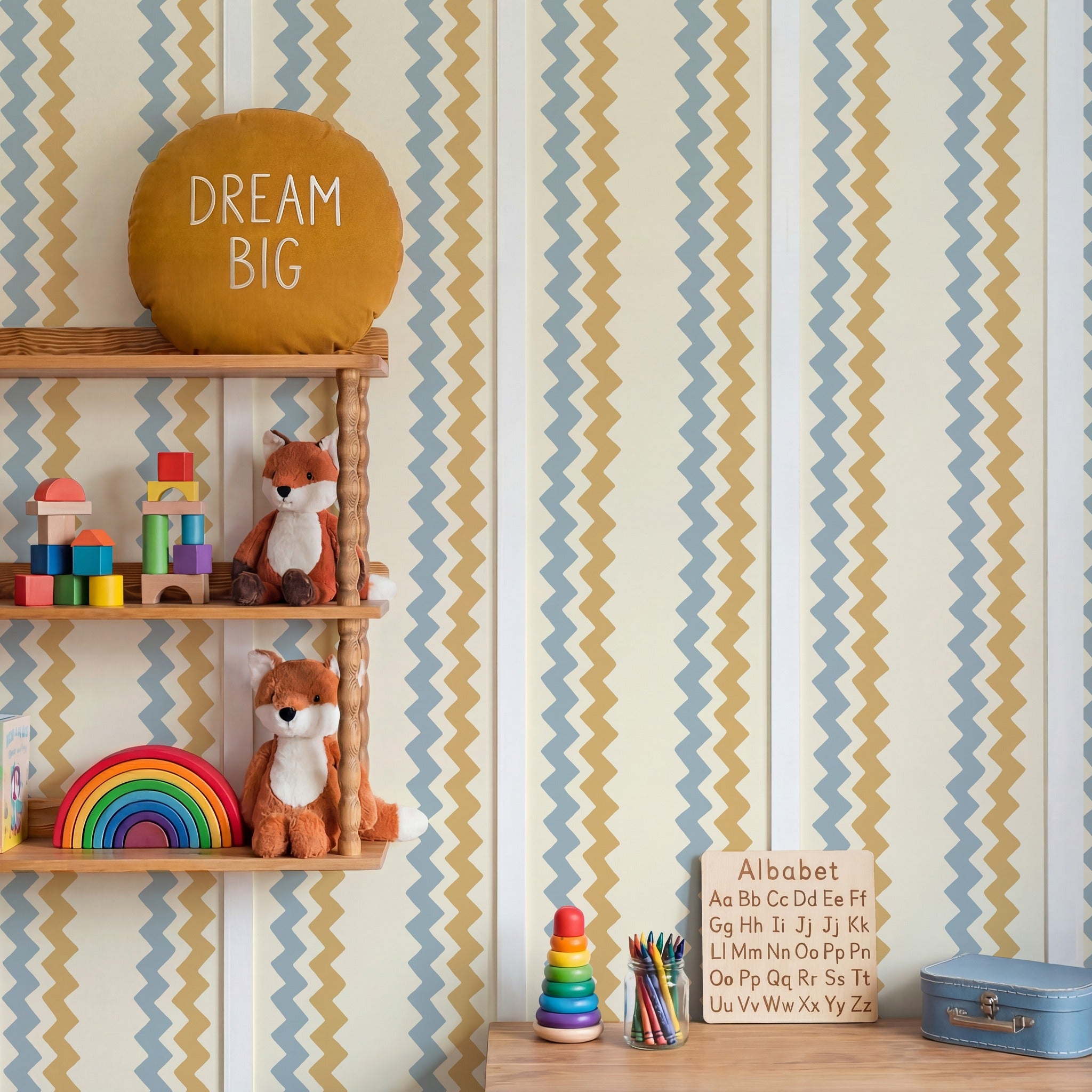 Ziggle Stripe Blue & Yellow Wallpaper