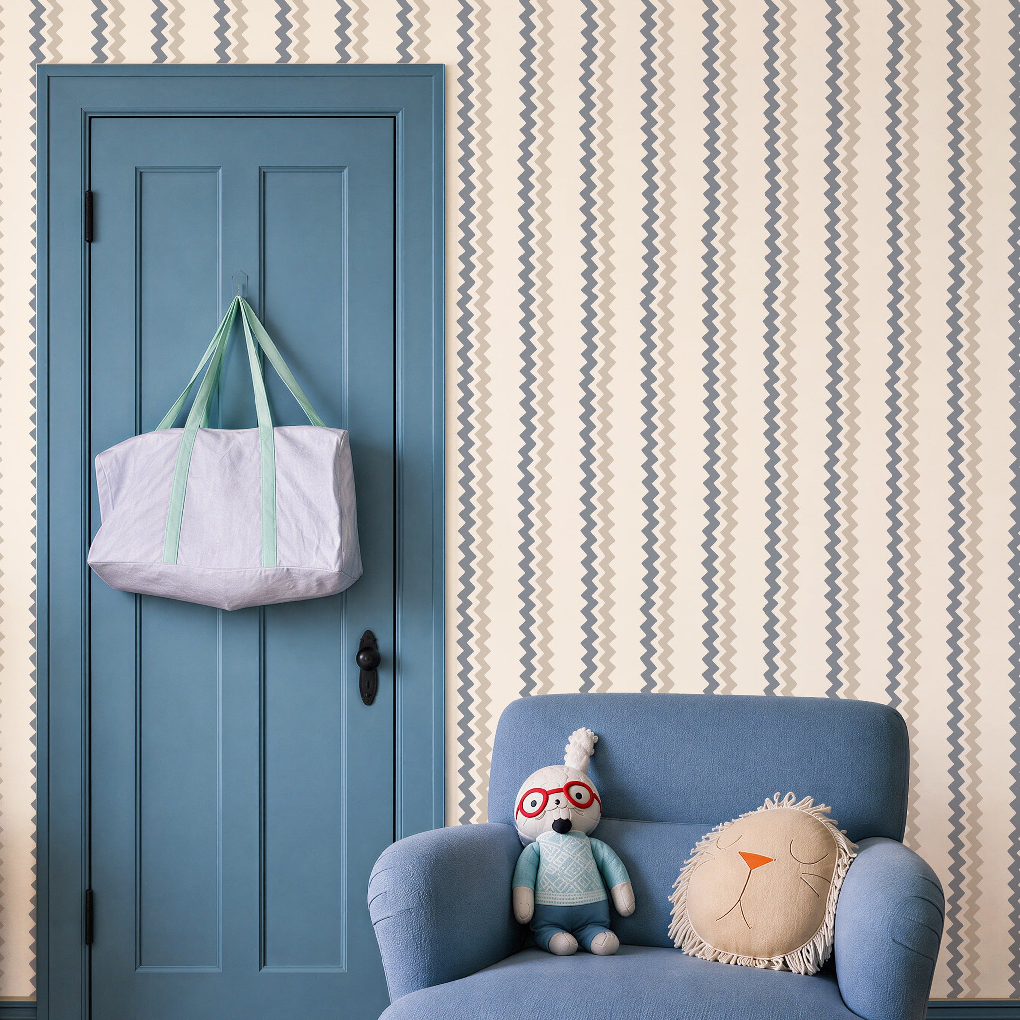 Ziggle Stripe Blue & Grey Wallpaper