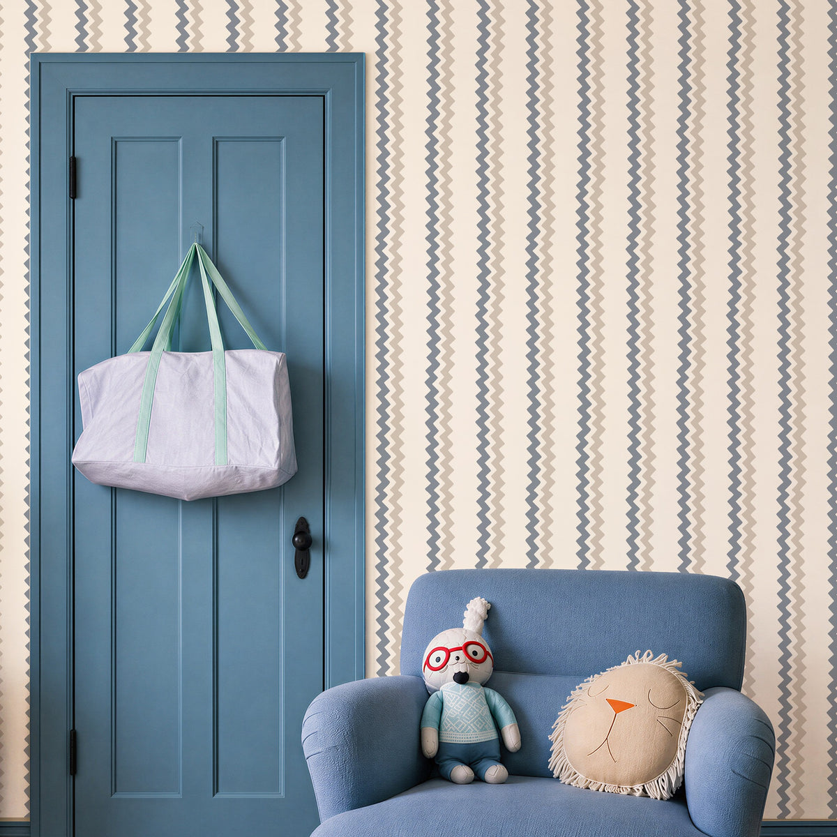 Ziggle Stripe Blue & Grey Wallpaper