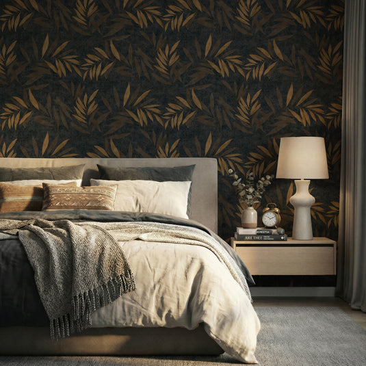 Luxury Leaf Navy Champagne Wallpaper