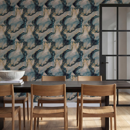 Abstract Marble Teal/Gold Wallpaper