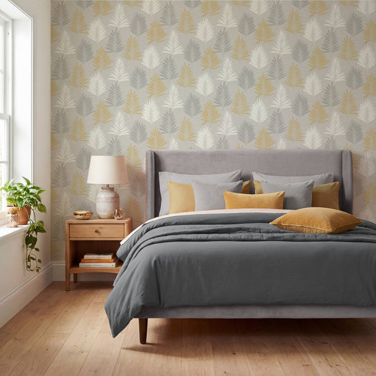 Linen Palm Ochre/Grey Wallpaper