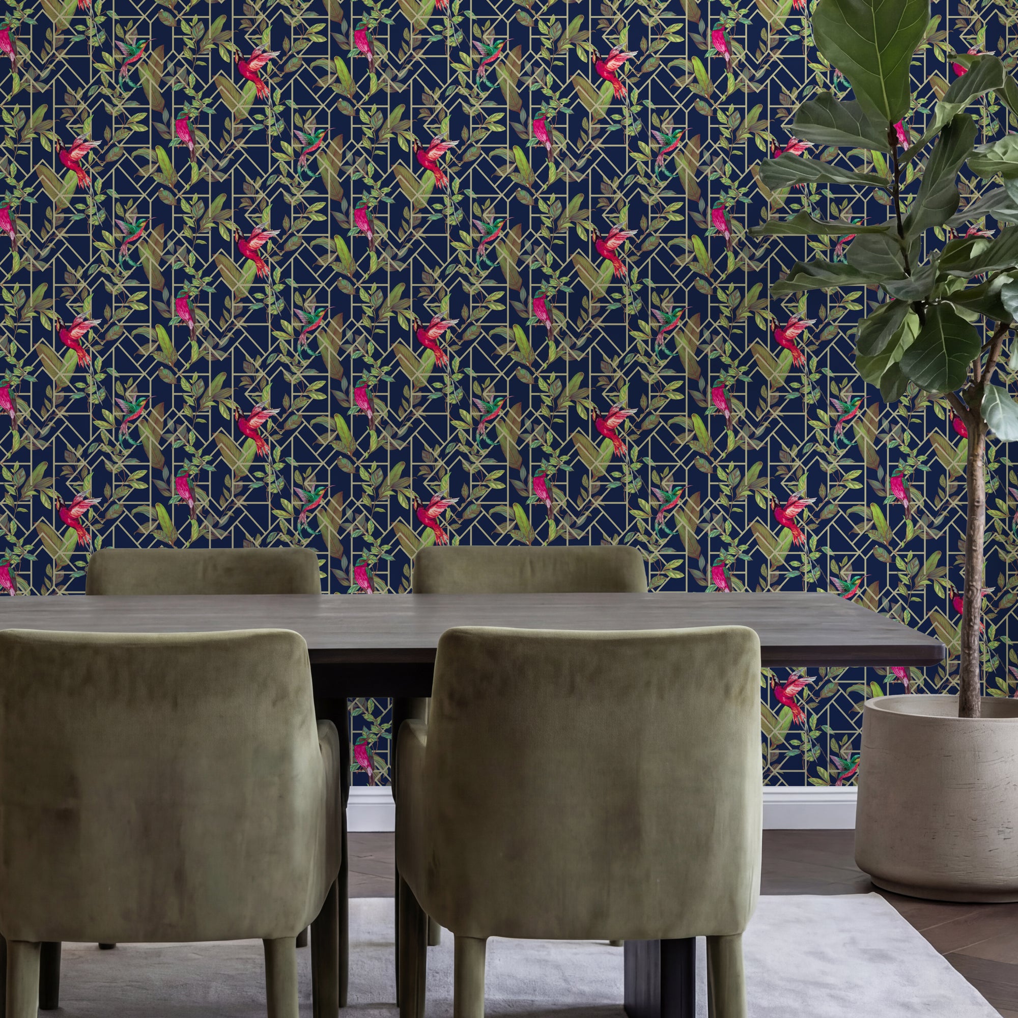 Deco Tropical Navy/Gold Wallpaper