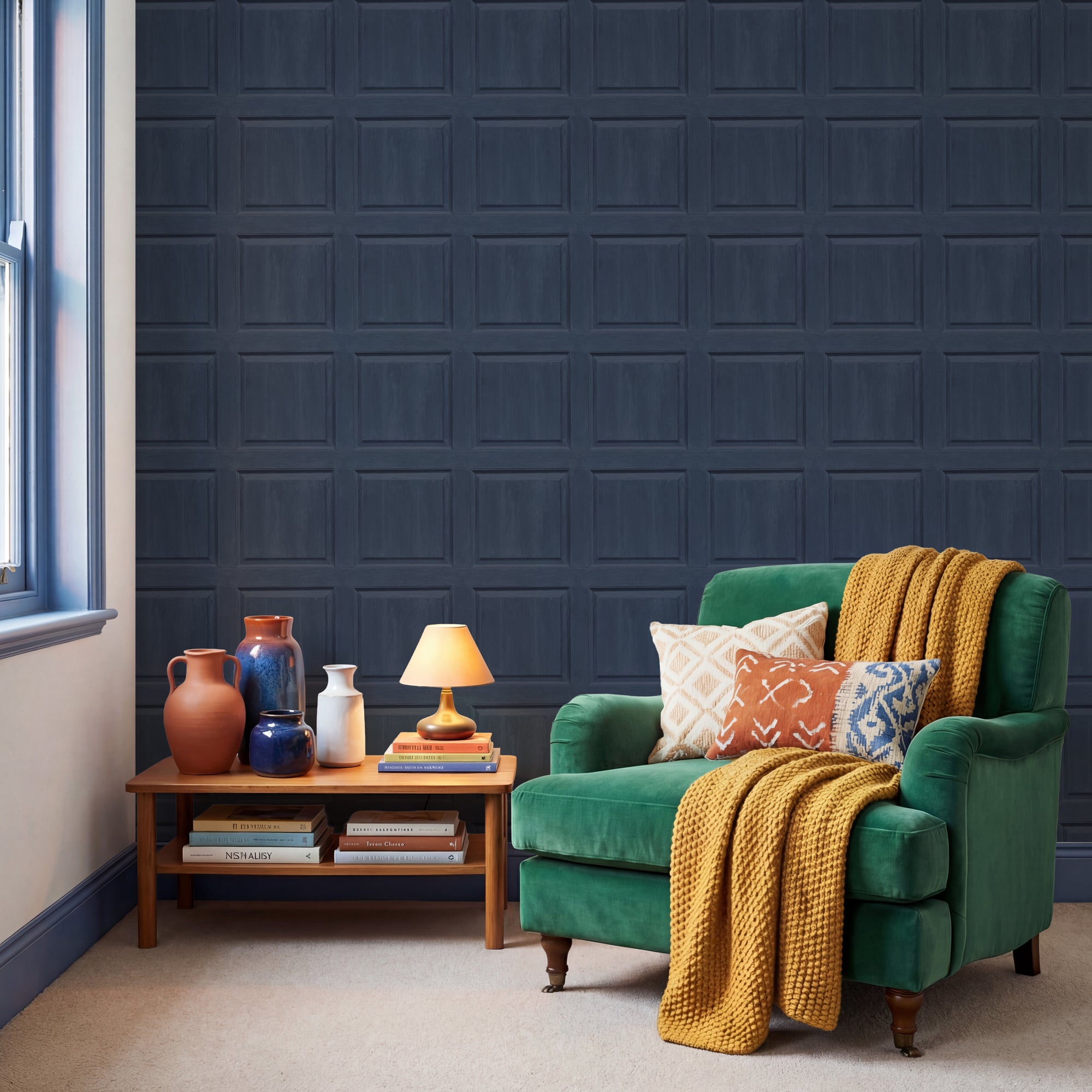 Washed Panel Navy Wallpaper
