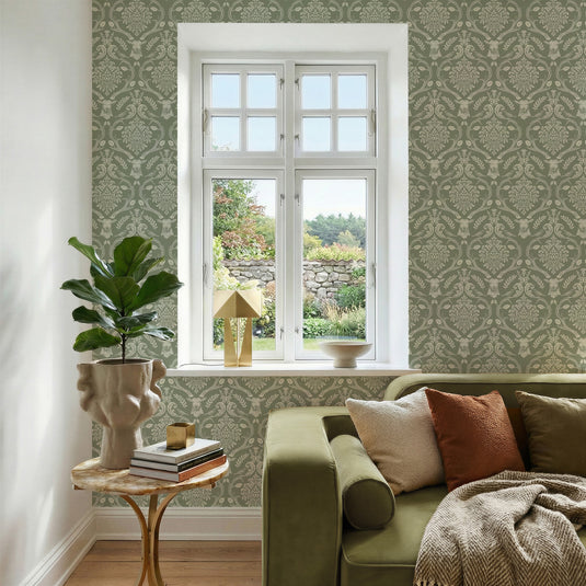 Stag Damask Sage Green Wallpaper