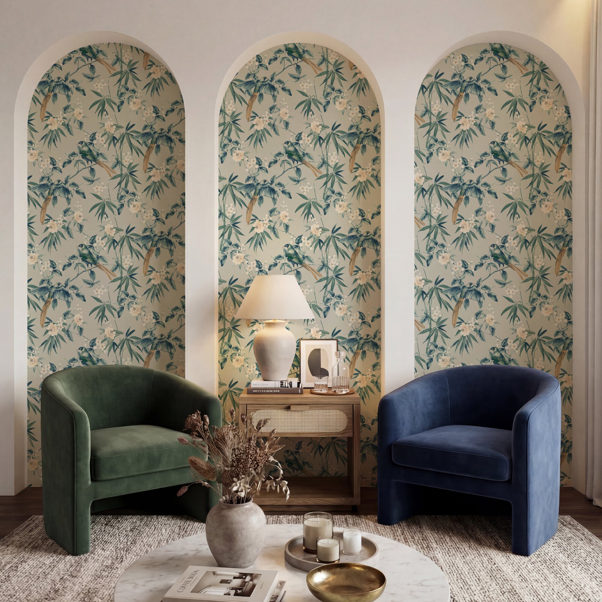 Oriental Floral Birds Grey/Blue Wallpaper