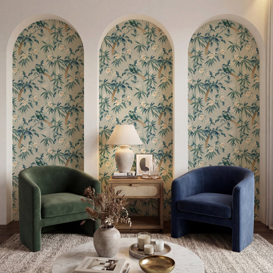 Oriental Floral Birds Grey/Blue Wallpaper