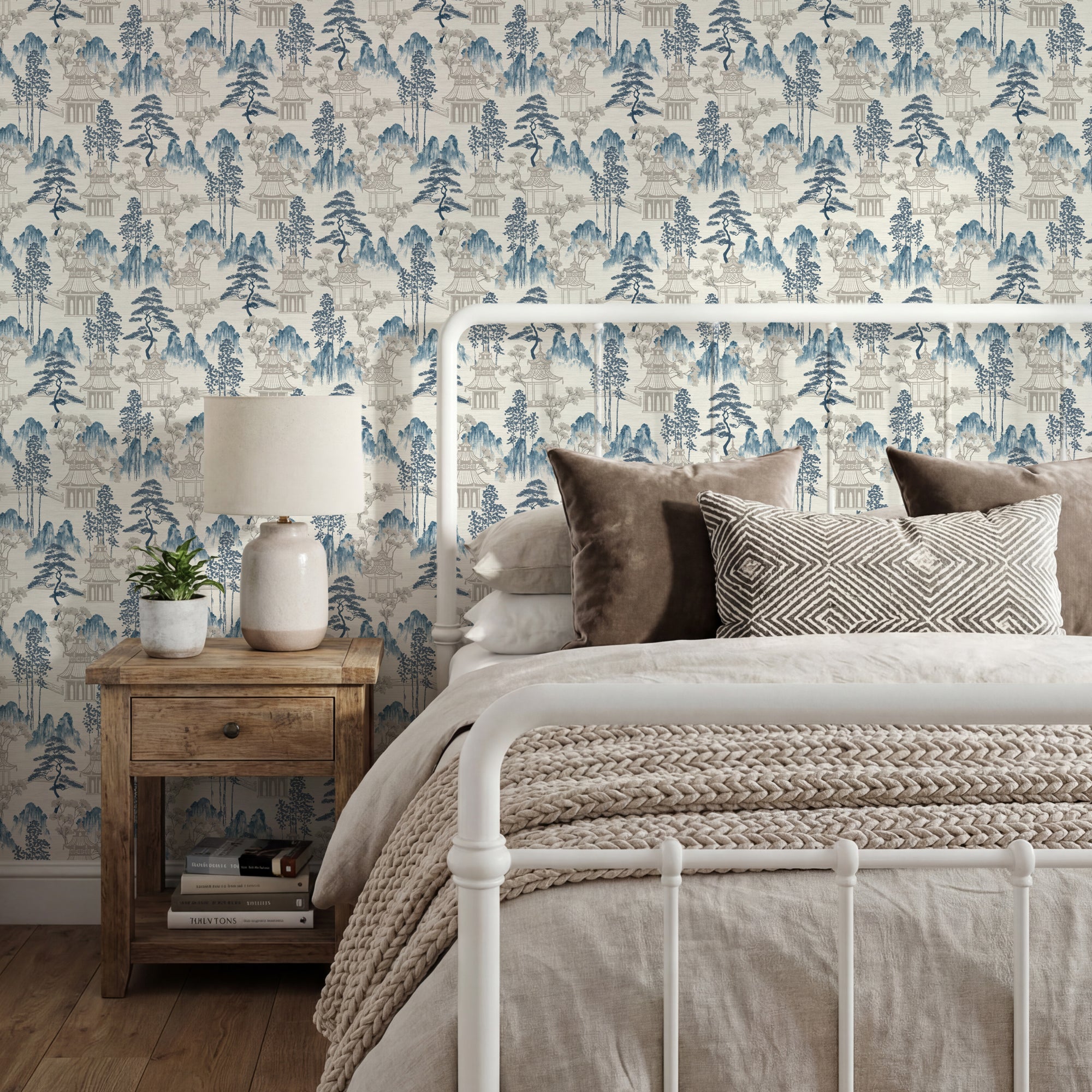 Japanese Pagoda Blue Grey Wallpaper