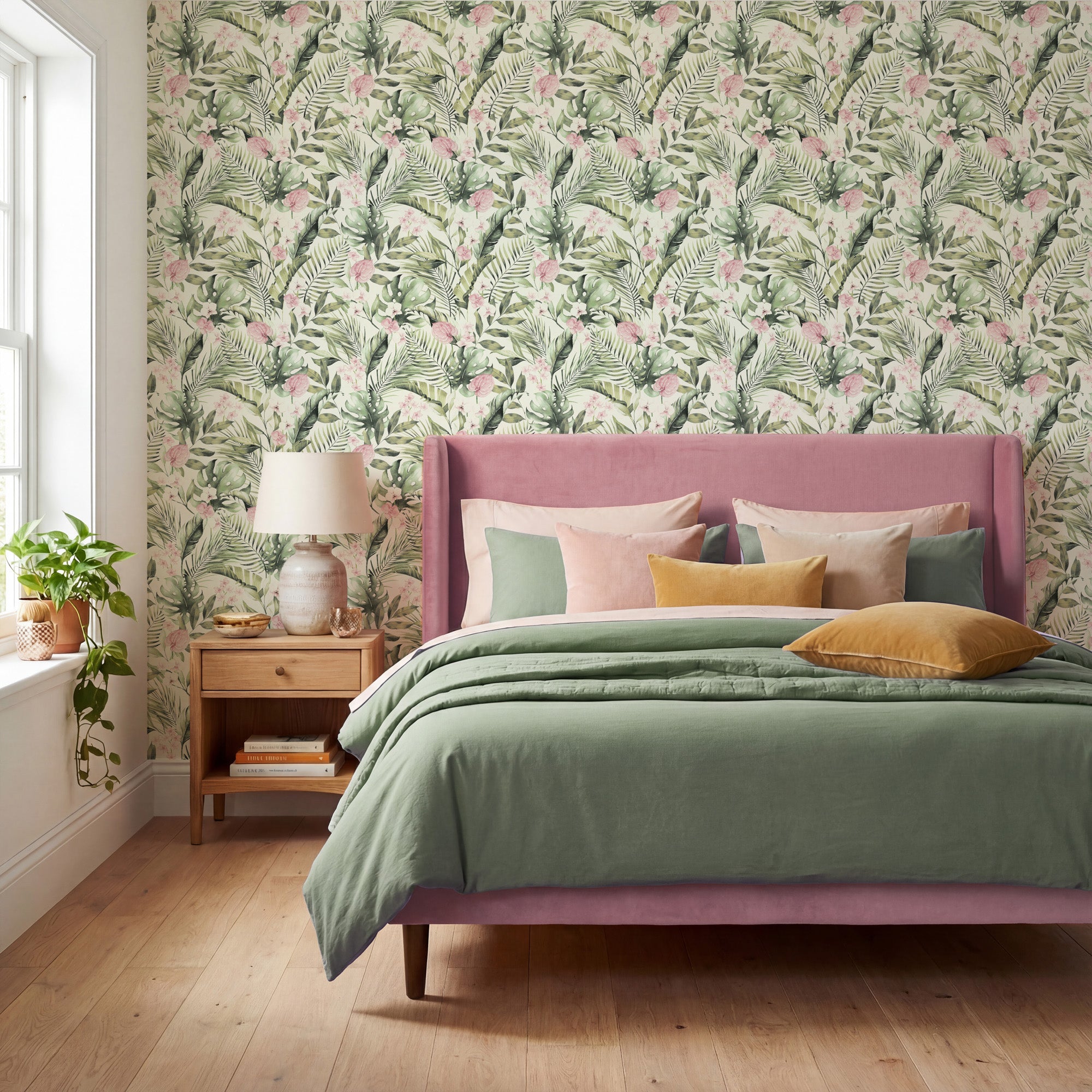 Tropical Floral Pink & Green Wallpaper