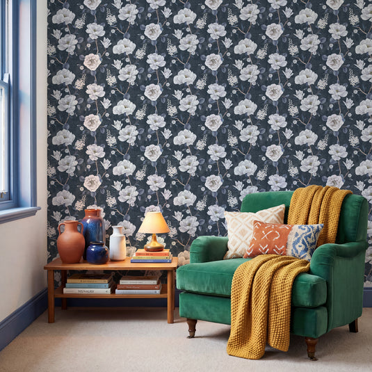 Ashley Floral Navy Wallpaper