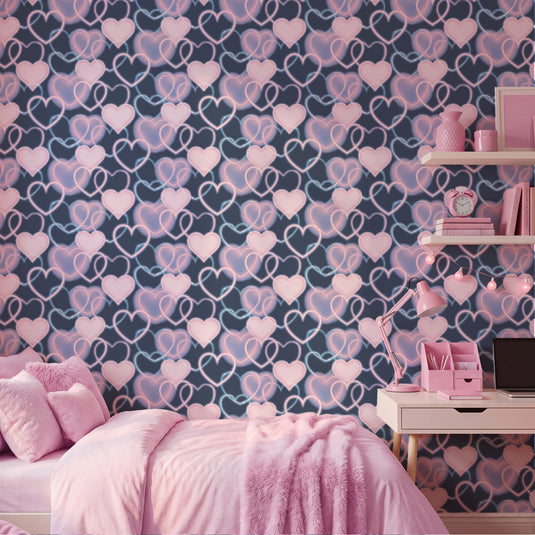 Neon Heart Wall Navy Pink Wallpaper