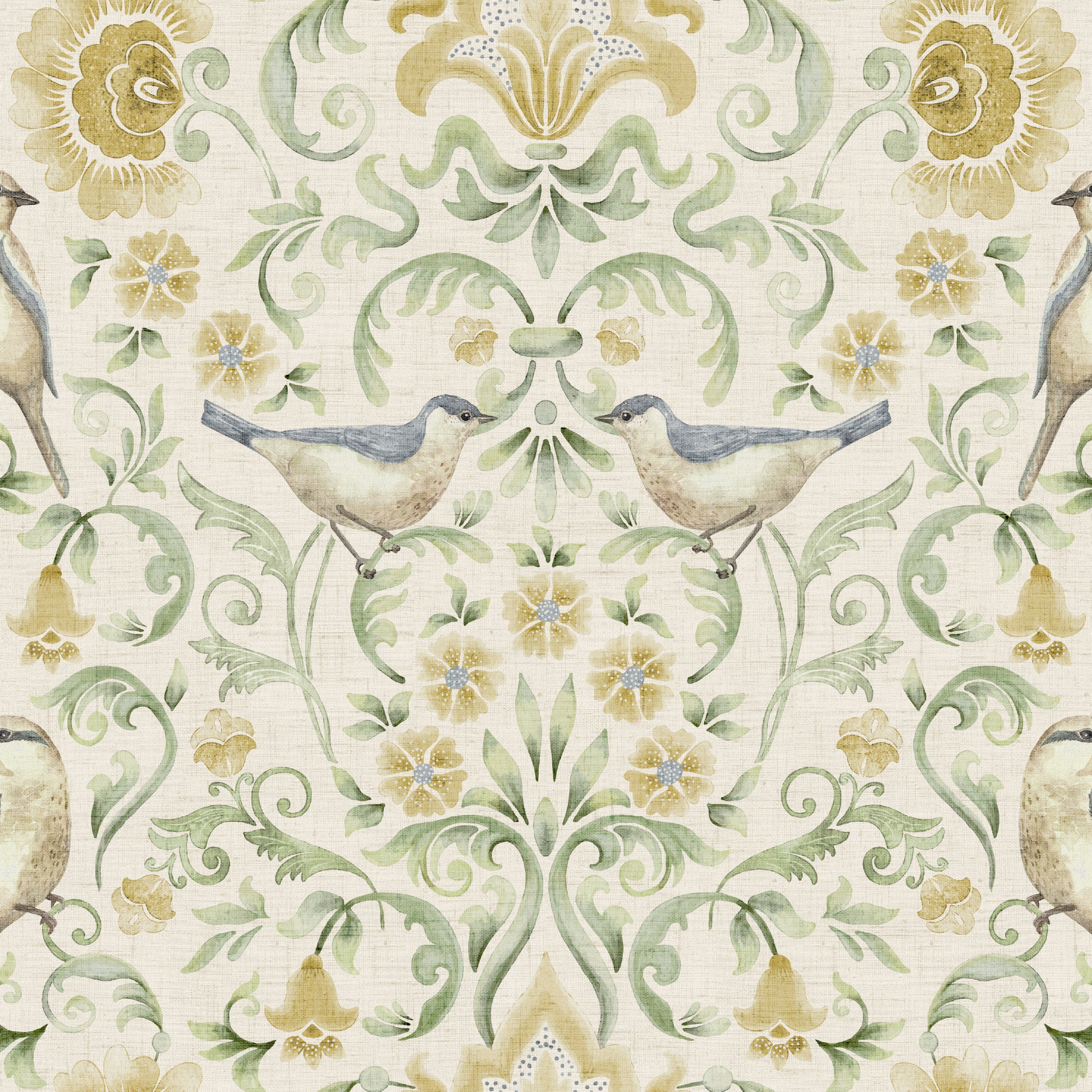 Floral Bird Damask Yellow Green Wallpaper
