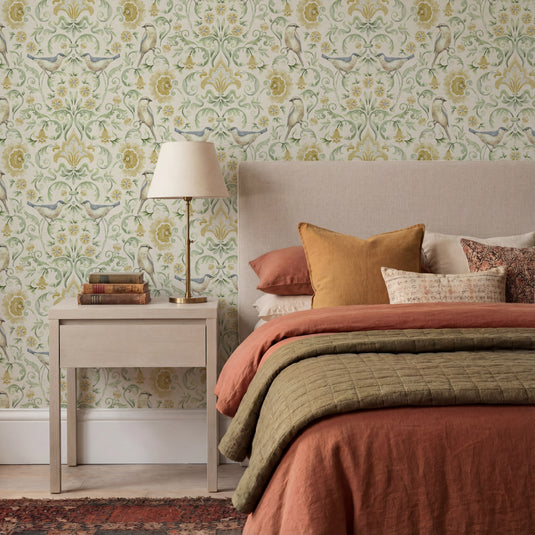 Floral Bird Damask Yellow Green Wallpaper