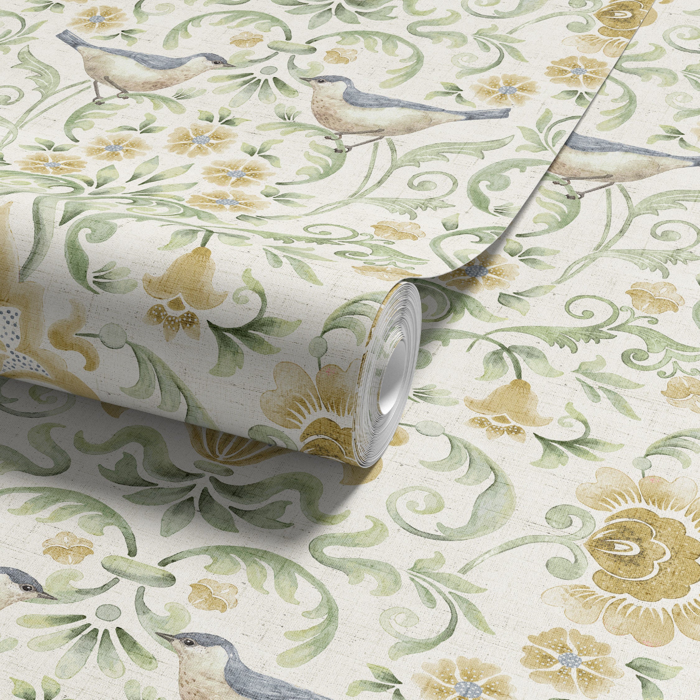 Floral Bird Damask Yellow Green Wallpaper