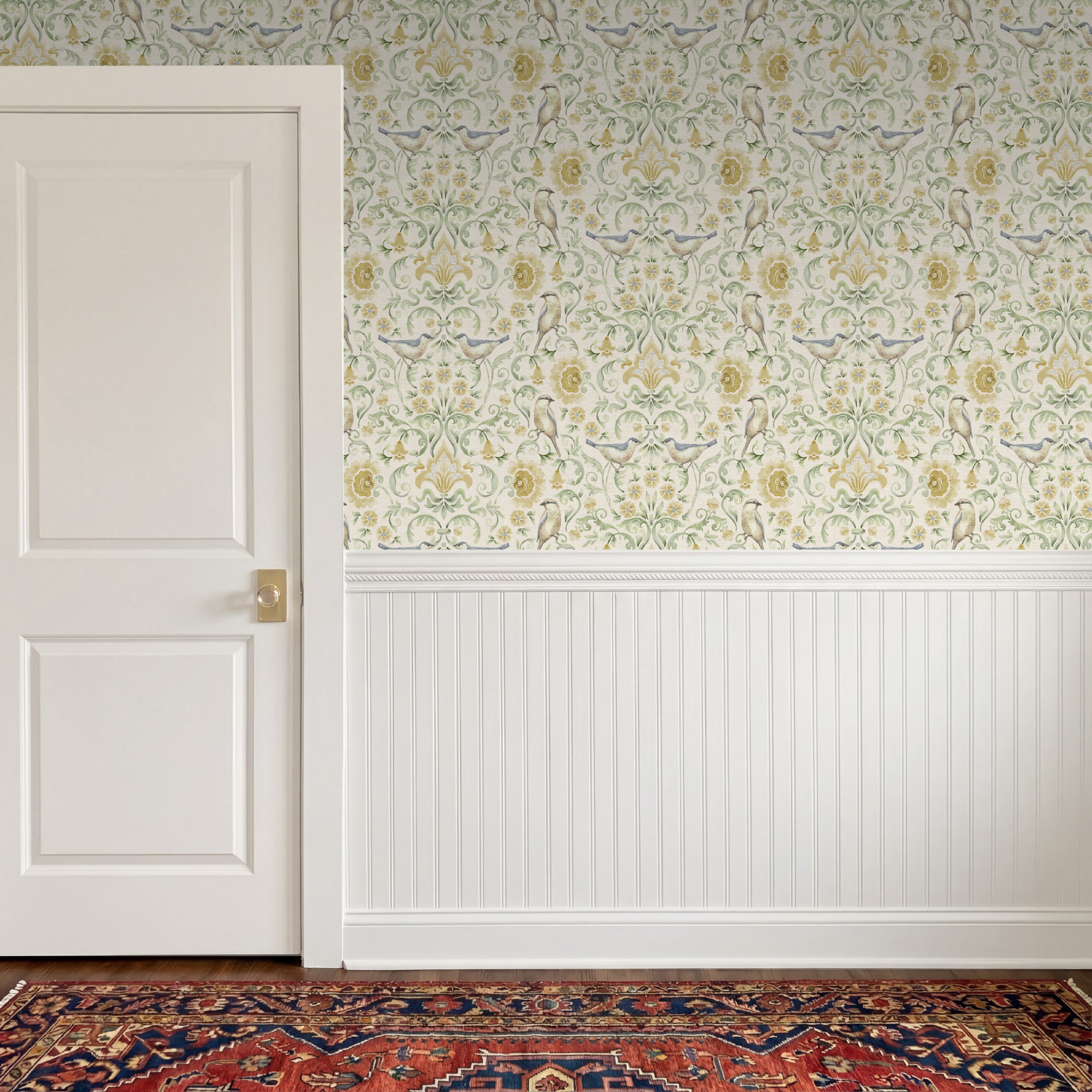 Floral Bird Damask Yellow Green Wallpaper
