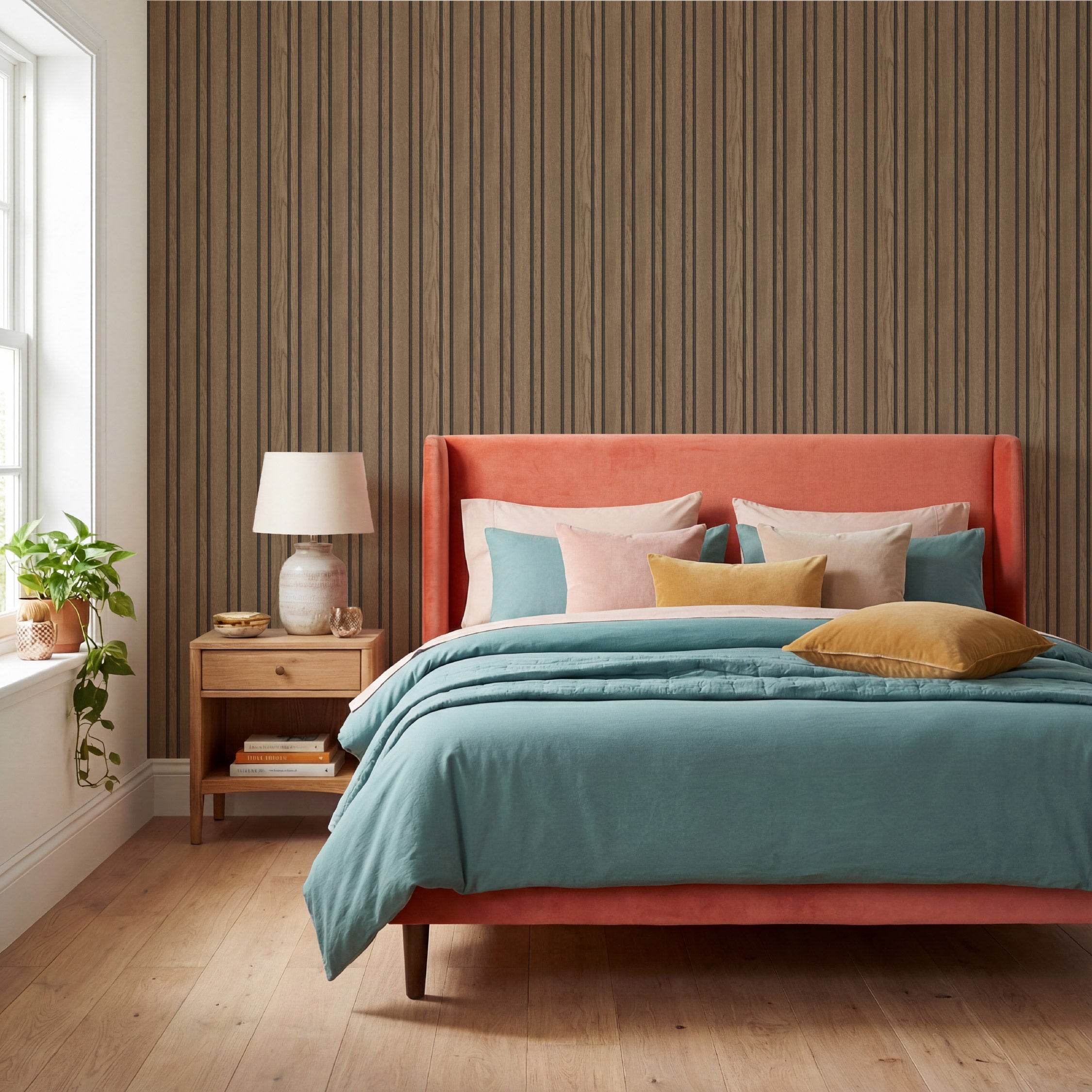 Pinstripe Wood Slats Brown Wallpaper