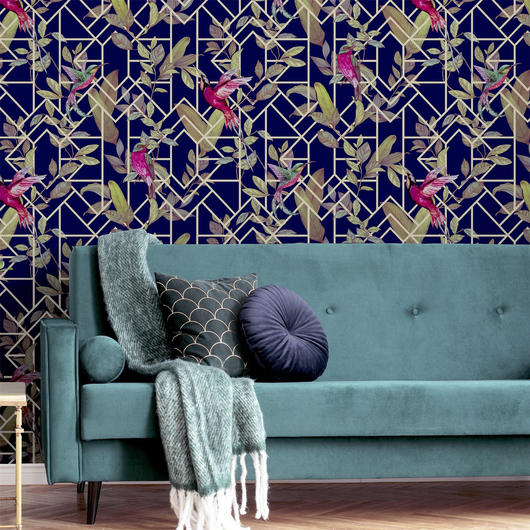 Deco Tropical Navy/Gold Wallpaper