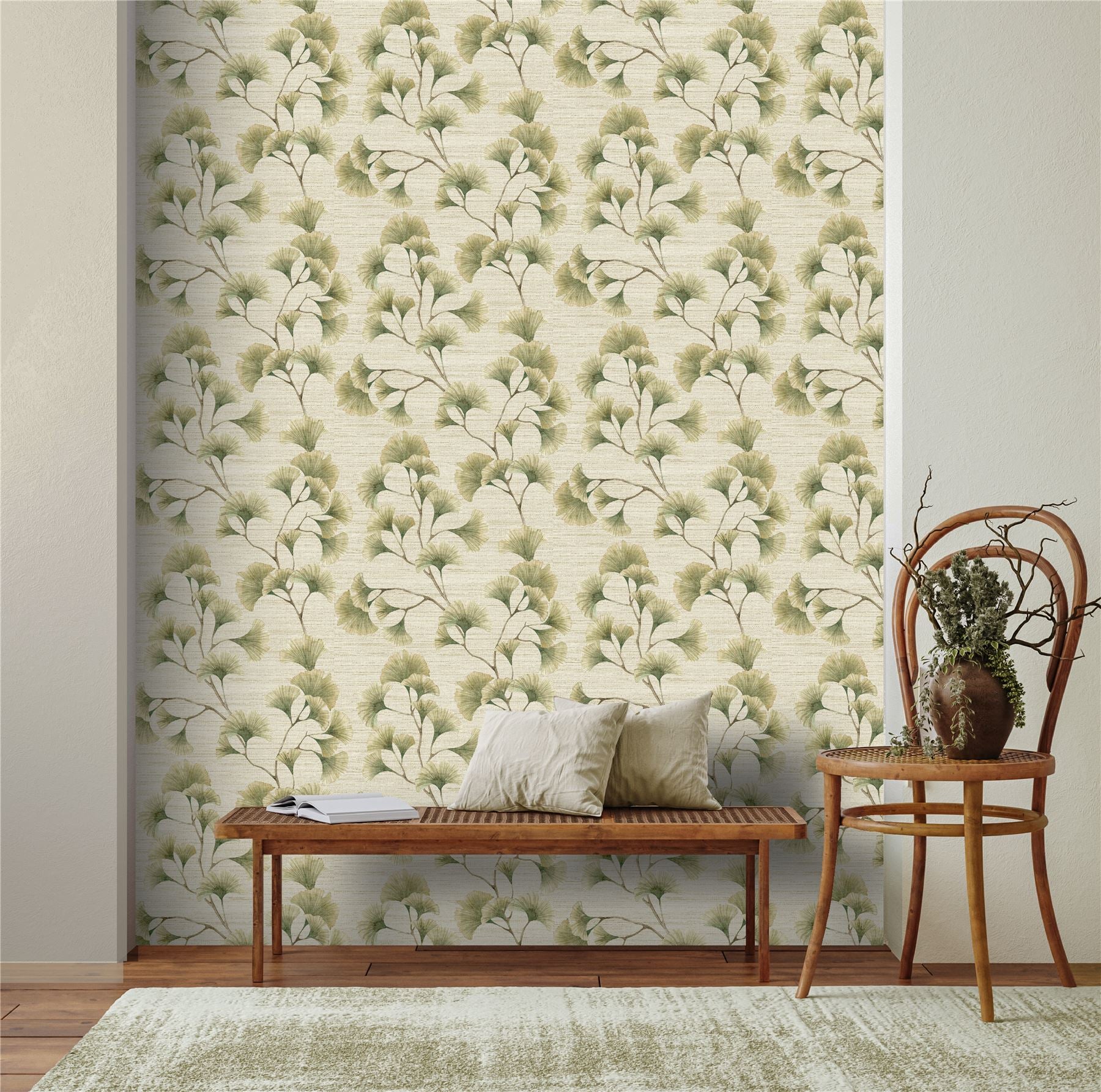 Ginkgo Leaf Trail Green/Neutral Wallpaper