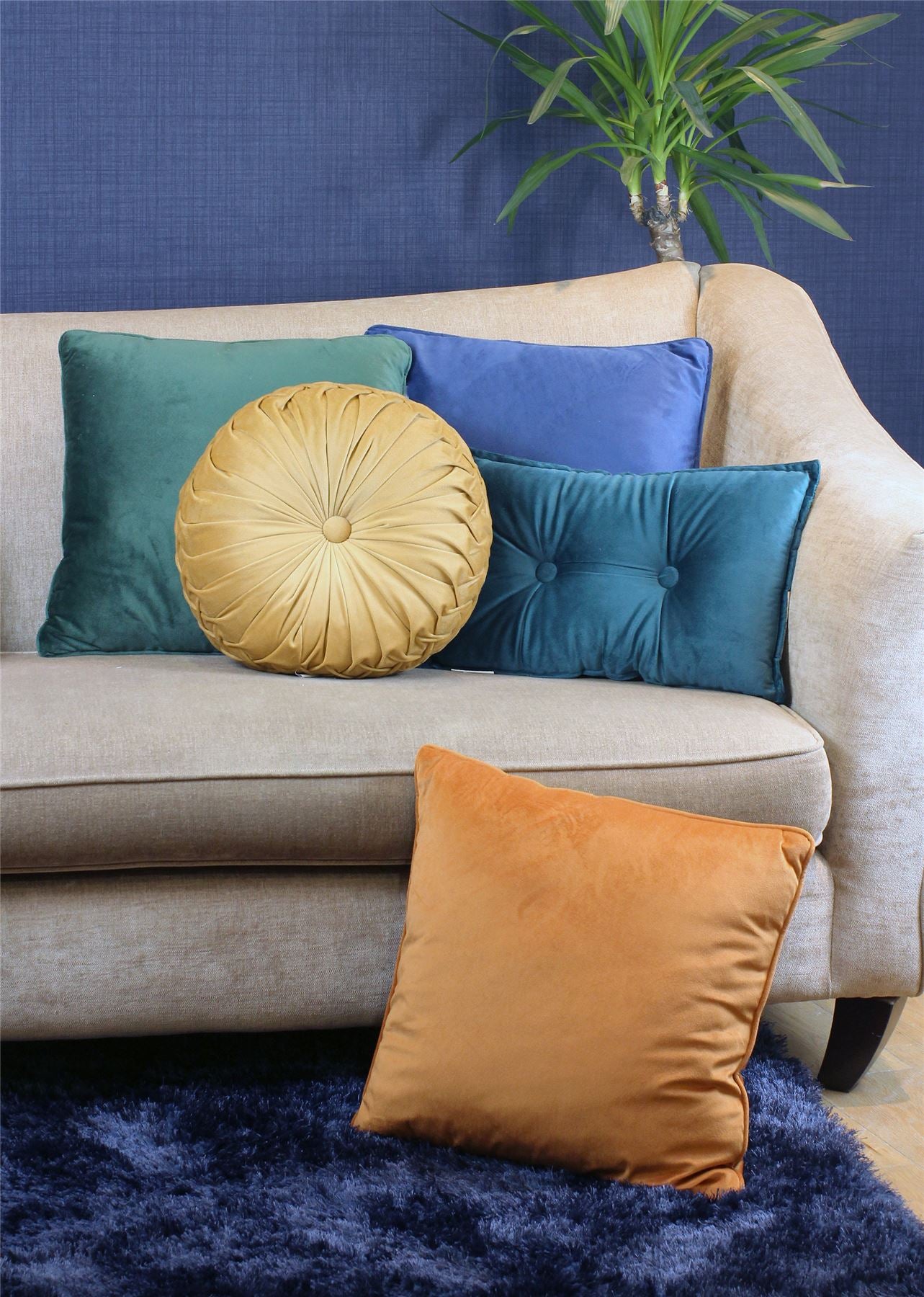 Lake Round Button Velvet Ochre Cushion 35cm